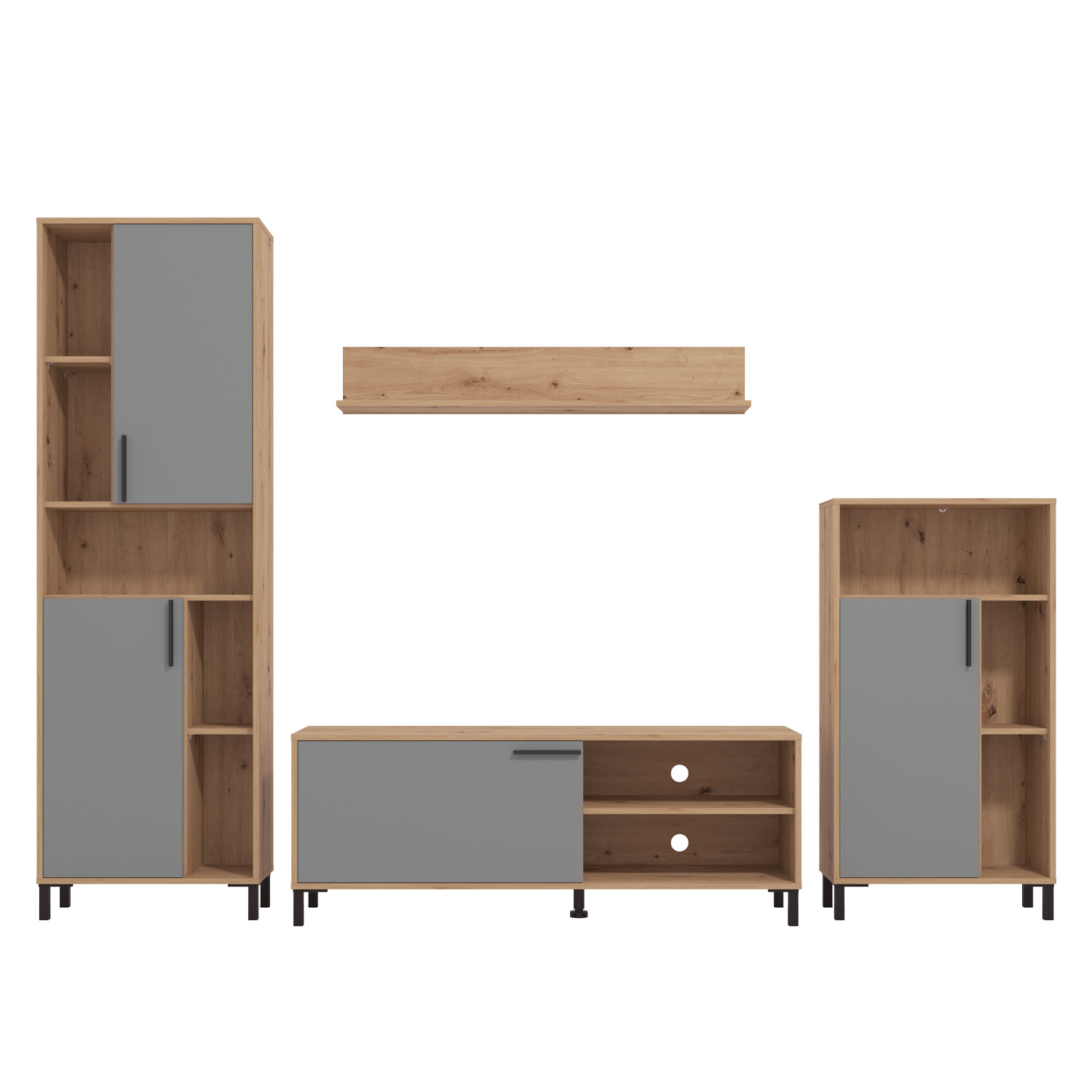 Modern living room unit 4 part cupboard set white grey wall unit wood oak TV set with storage entertainment center