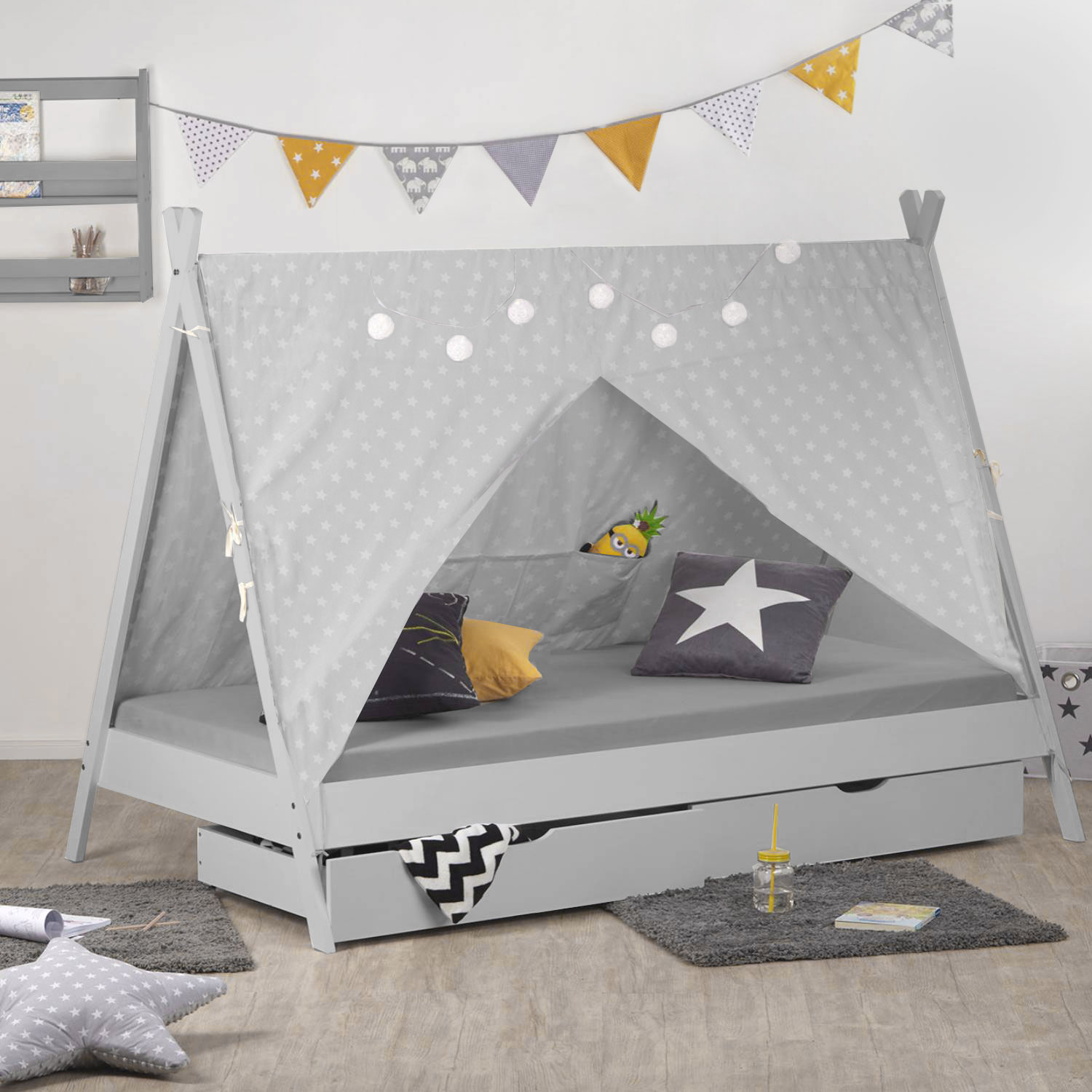 Children's Bed with Mattress House Bed 90x200 cm Bed Grey Wooden Tent Bed with Drawers
