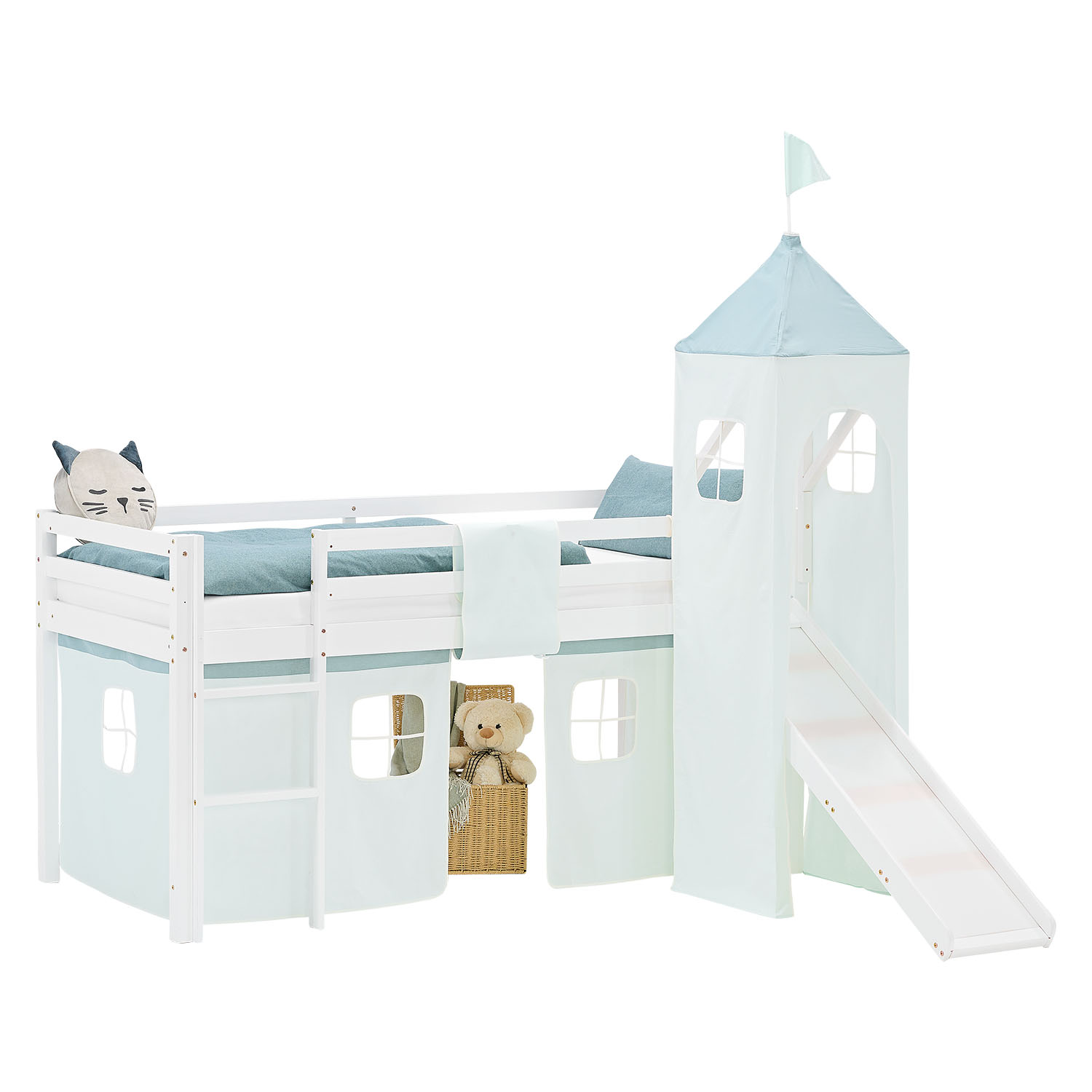Kinderhochbett in Grün mit Elementen aus Kiefernholz, Lattenrost, Matratze, Rutsche, Spielturm und Spielvorhang. Das weiße Hochbett ist mit Matratze und Kissen vor weißem Hintergrund abgebildet. Sichtbar sind eine Leiter, seitliche Schutzgitter, ein Spiel