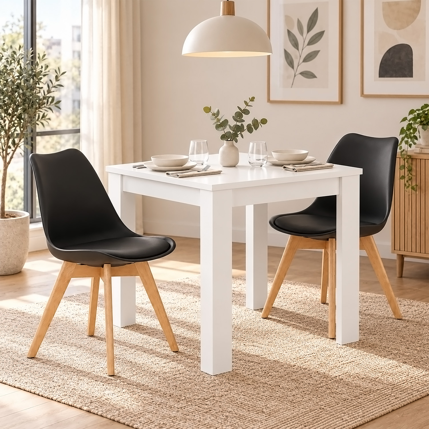 Dining Set (3-Piece): 80x80 cm white dining table with 2 black plastic chairs and wooden legs