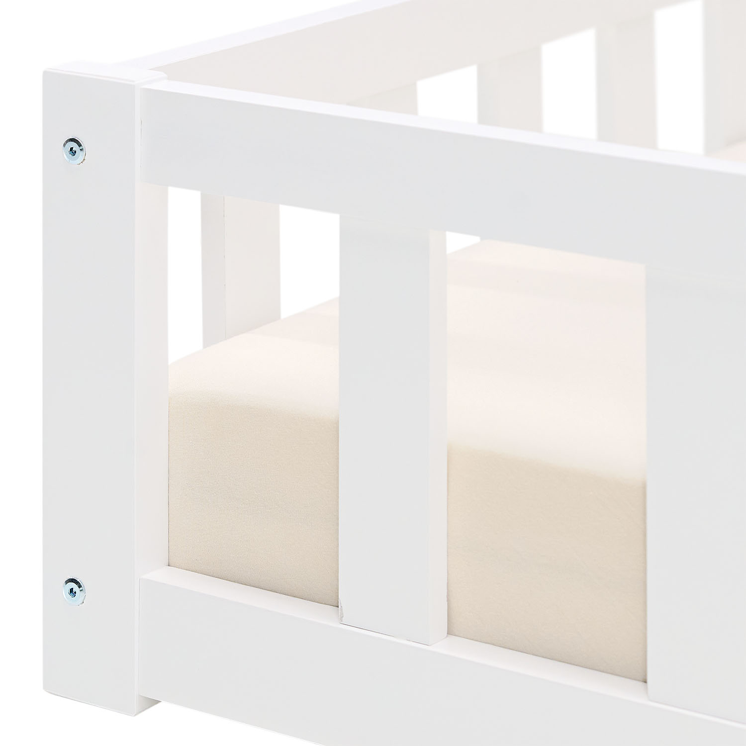 Children's Bed 120x200 White | Floor Bed with Mattress & Slatted Frame | with Fall Protection | Montessori