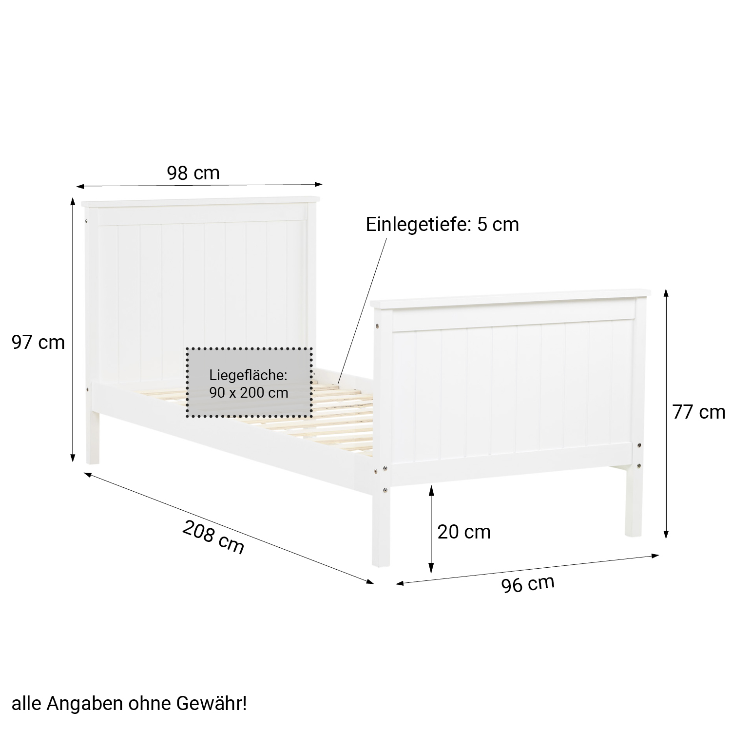 Wood Bed 90x200 cm White | Single Bed | with Slatted Frame | Country House Style | Kids Youth Guest Bedroom