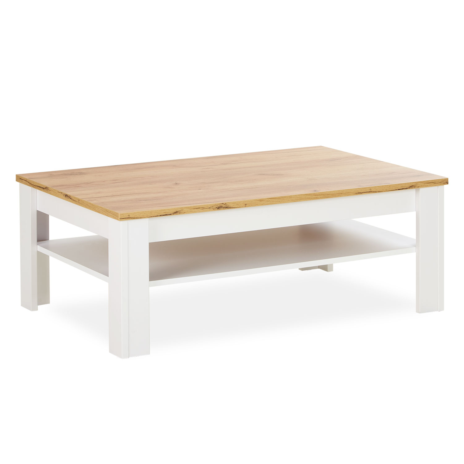 Table Basse de Bois 110x70 cm Table Salon Style Campagnard Table D'Appoint Blanc Massif Chêne