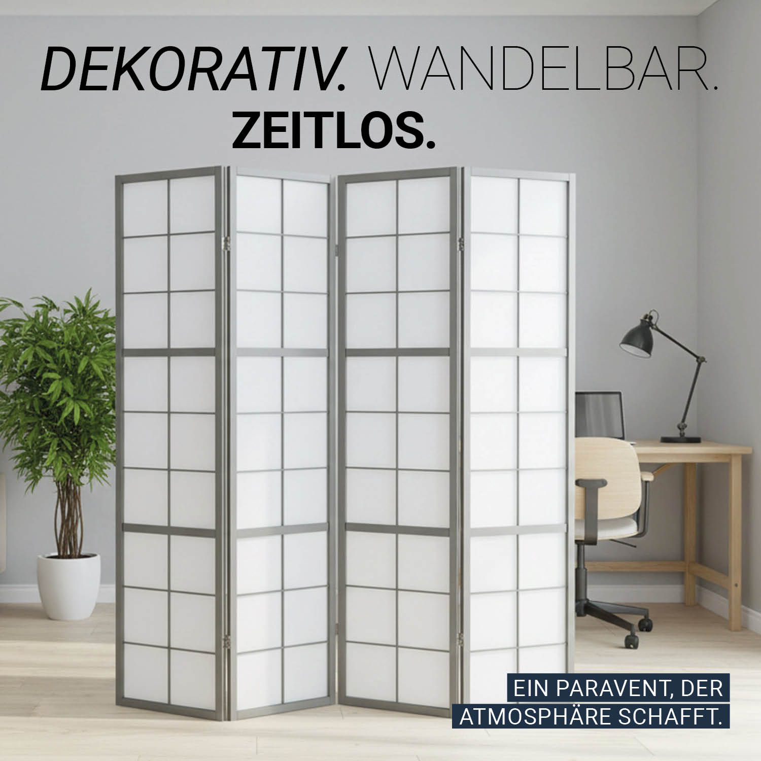 Paravent Grey Shoji | 4-panel | Wood | Room Divider | Partition Privacy Screen