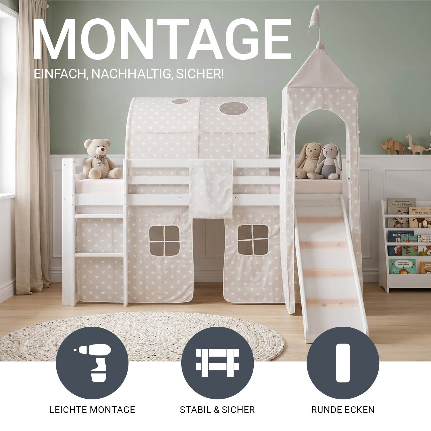Children's Loft Bed 90x200 cm White with Star Curtain | Tunnel | Tower | Slide | Includes Slatted Base | Includes Mattress
