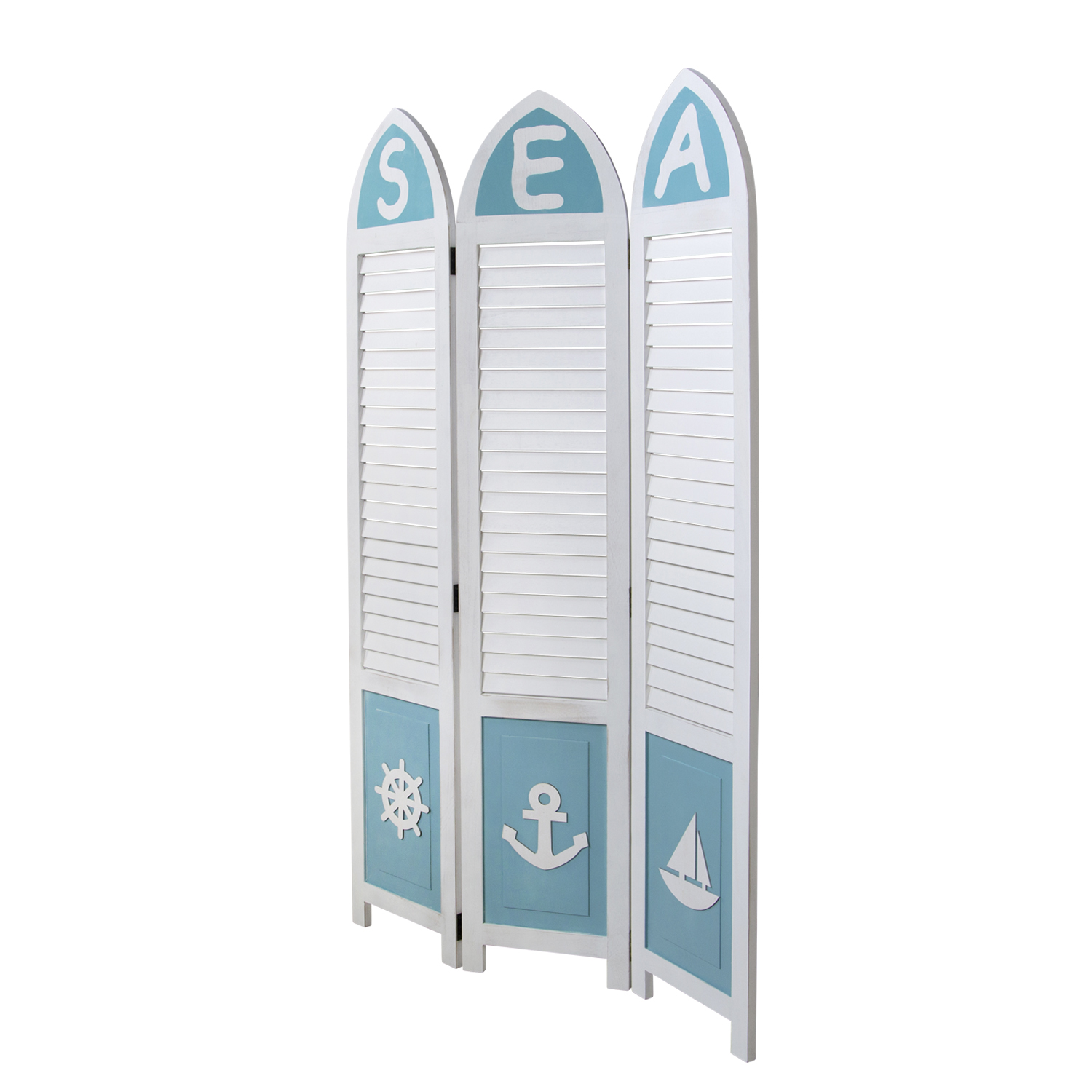 Paravent White Maritime Motifs | 3-panel | Wood | Room Divider Partition Privacy Screen