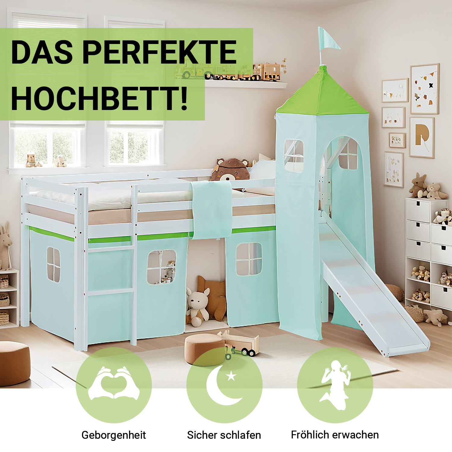 Loft Bed for Kids 90x200 cm White with Curtain in Green | Slide | Tower | with Slatted Frame and Mattress