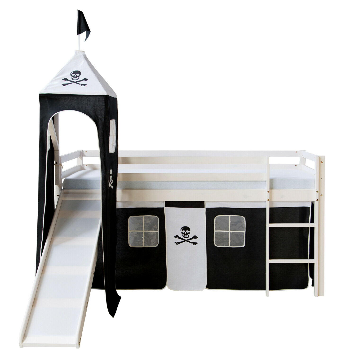 Loft Bed Kids 90x200 cm White with Curtain in Black | Tower | Slide | without Slatted Frame
