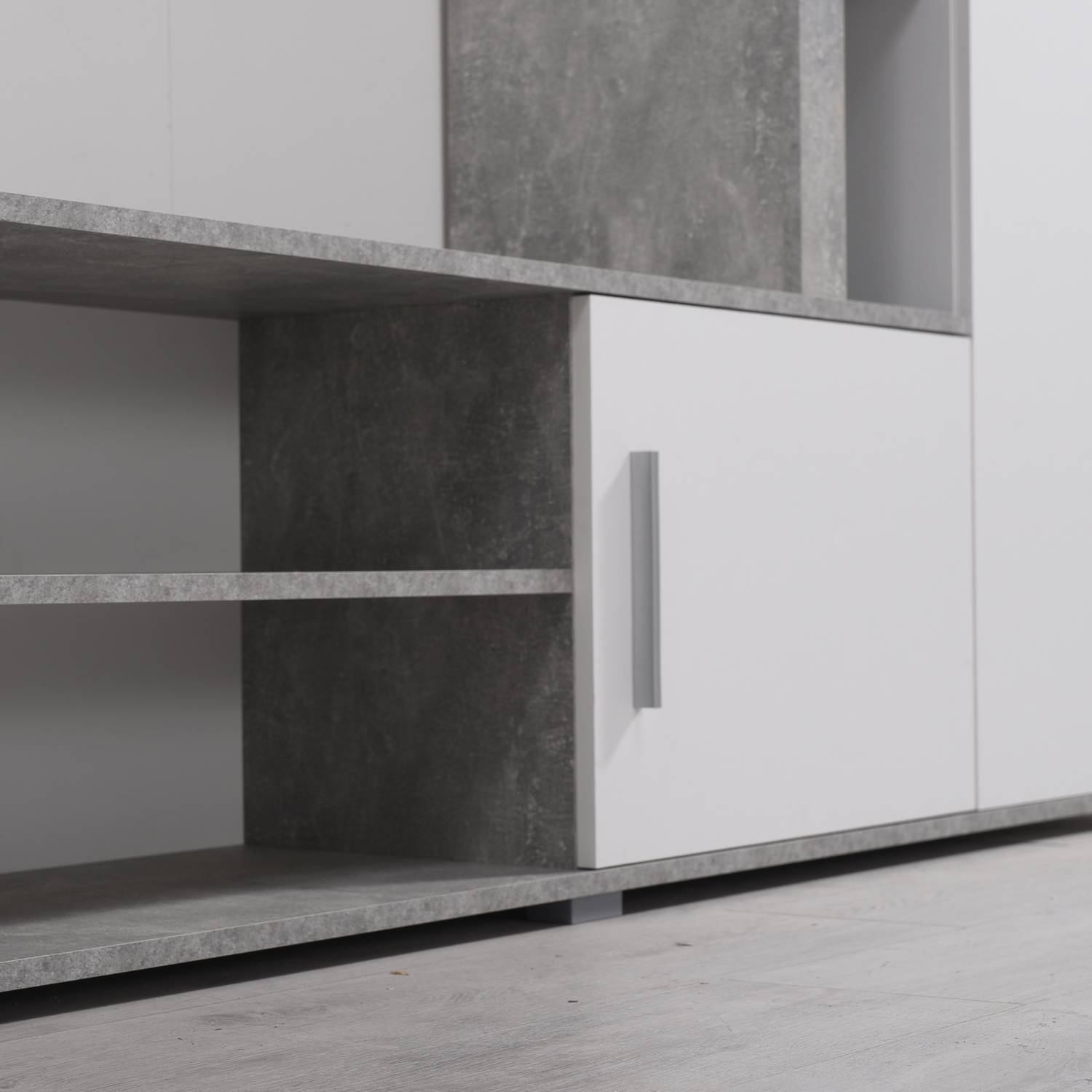 Wohnwand Schrankwand Anbauwand Wohnzimmer-Set Modern Weiß Beton Optik Holz
