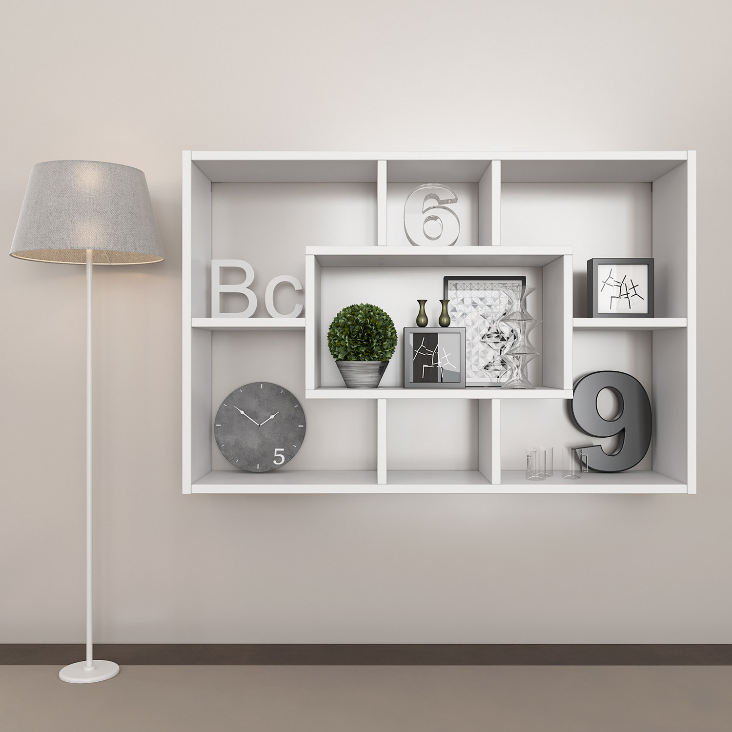 Shelf 4 Versions Floor or Wall Shelf 7 Compartments Bookcase Oak White Wood Solid Modern