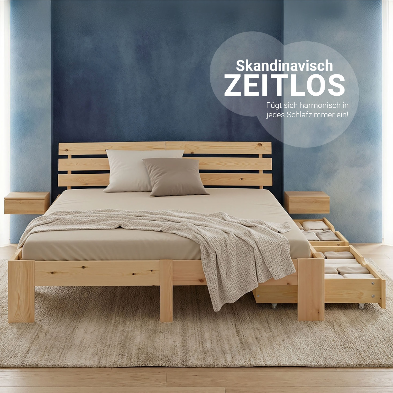 Wood Bed 180x200 cm Natural | Double Bed | with 2 Spring Mattress | 2 Drawers | Youth Guest Bedroom