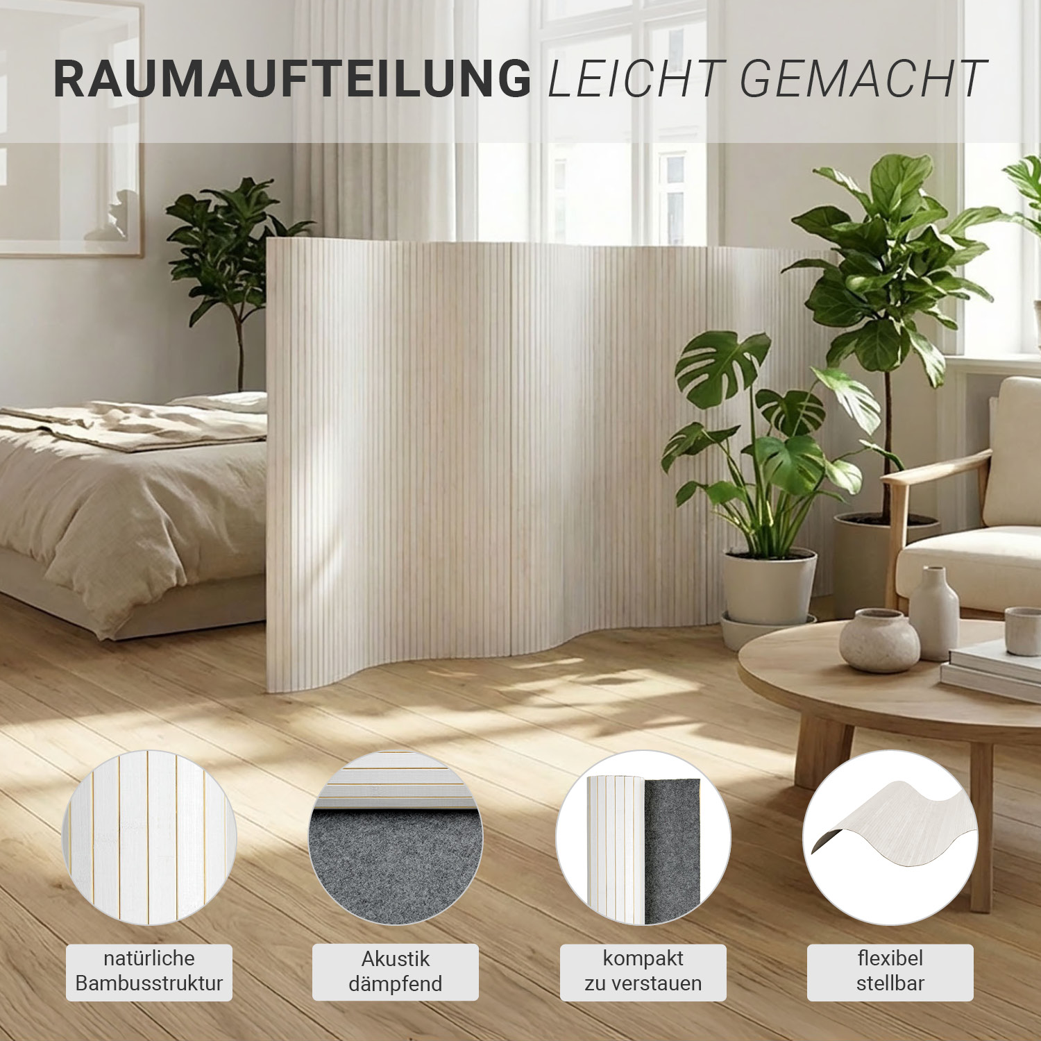 Paravent Bamboo Height 145 cm White | Room Divider | Partition Privacy Screen