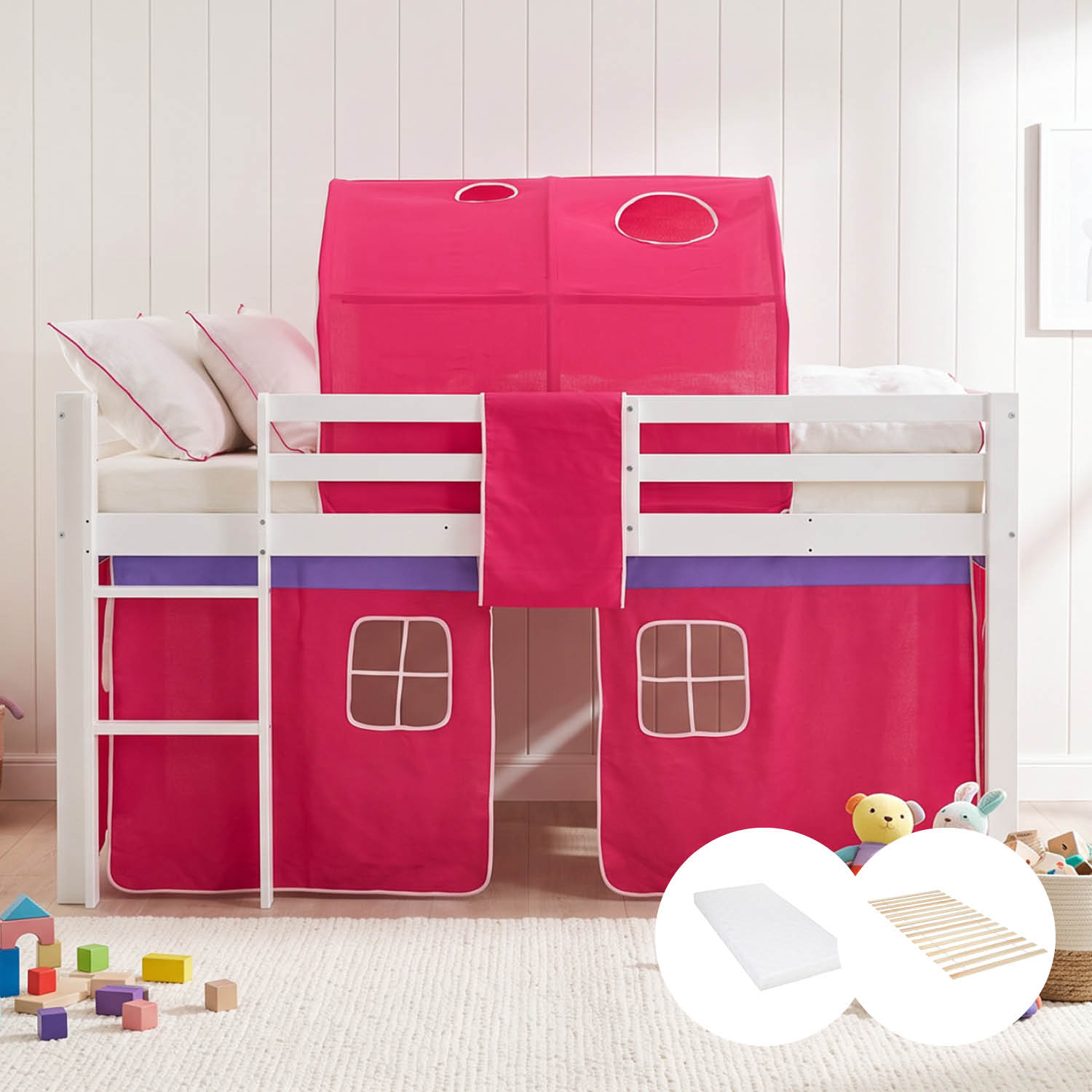 Loftbed 90x200 cm with Mattress Bunk bed Childrens bed Solid Pine Wood Slats Tunnel Curtain Pink