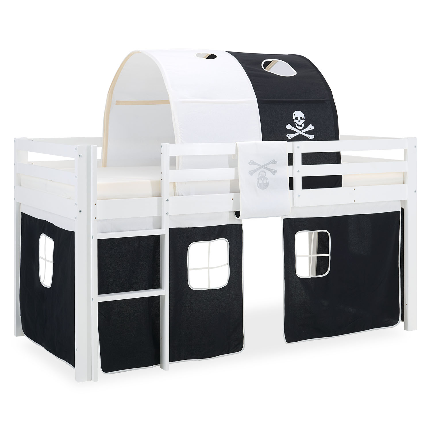 Children's Loft Bed 90x200 cm White with Black Curtain | Tunnel | Without Slatted Base | Pirate | Boys