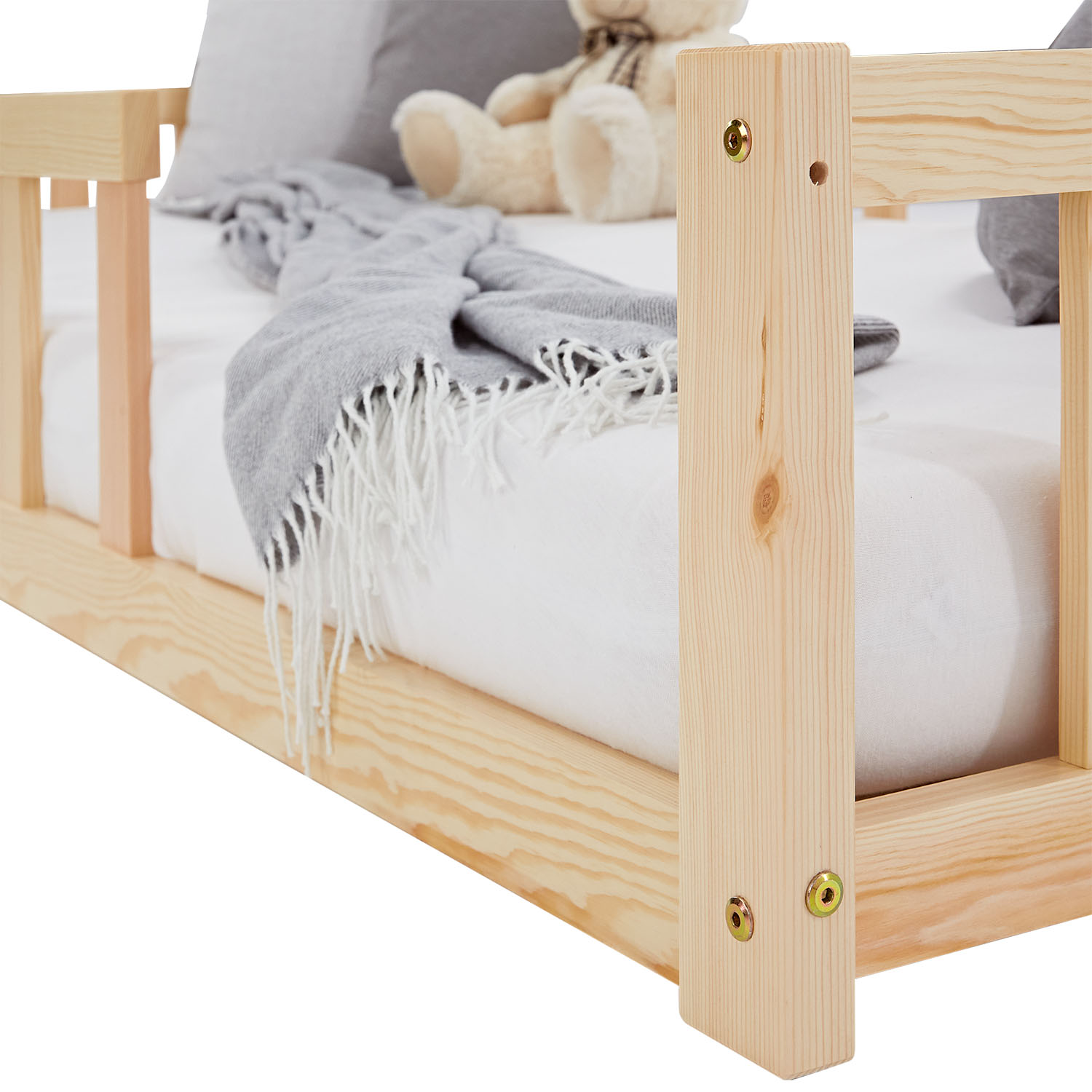 Children's Bed 90x200 Natural | Floor Bed with Mattress & Slatted Frame | with Fall Protection | Montessori