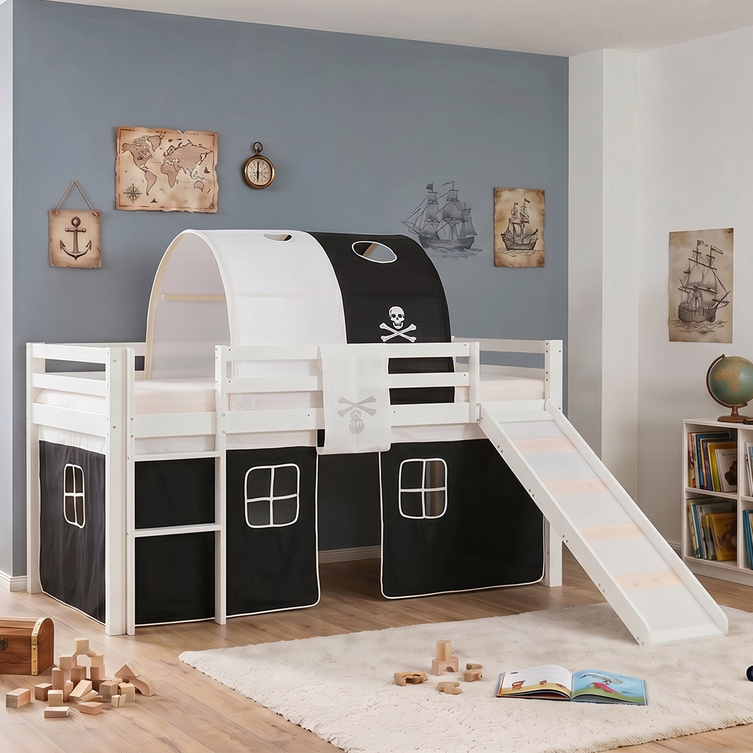 Children's Loft Bed 90x200 cm White with Black Curtain | Tunnel | Slide | Without Slatted Base | Pirate | Boys