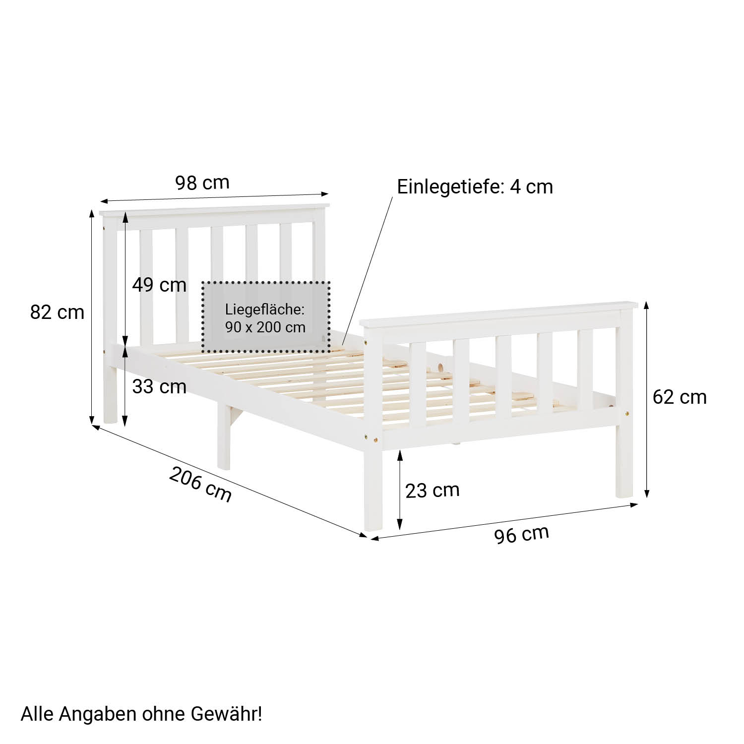 Wood Bed 90x200 cm White | Single Bed | with Slatted Frame | Kids Youth Guest Bedroom