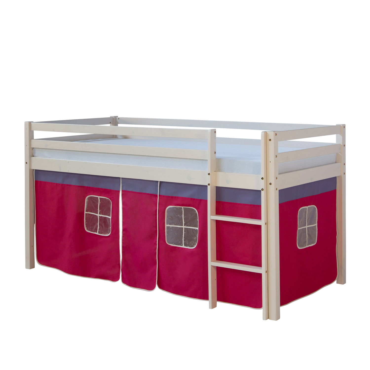 Loftbed 90x200 cm Bunk bed Childrens bed Solid Pine Wood Tower Tunnel Curtain Pink Slide Mattress Slats