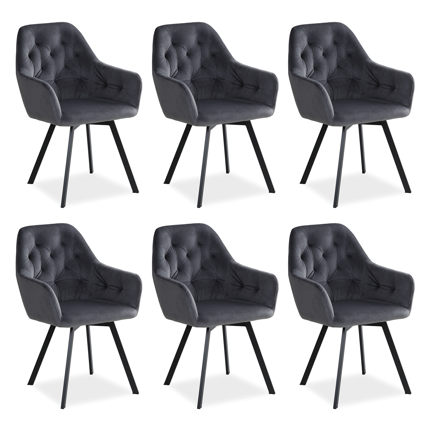 Upholstered Chair Velvet Grey | Set of 6 | swivel | with Armrests | Kitchen Dining Room Office