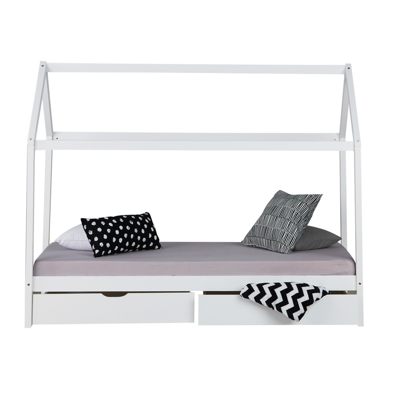 Childrens Bed House Bed Frame For Kids 90x200 cm White With Drawers