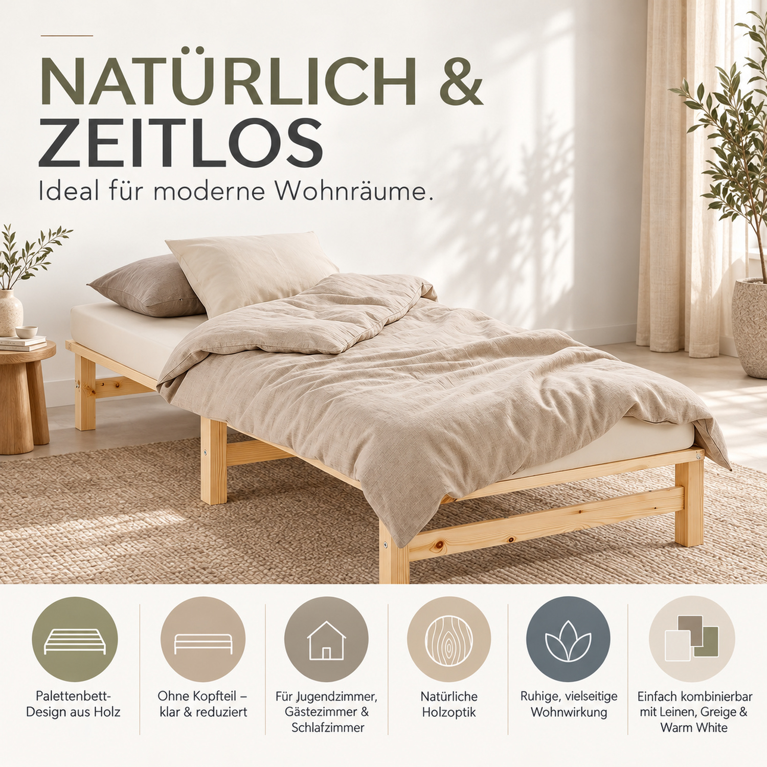 90x200 cm Natural Wooden Pallet Bed – Single Wooden Bed with Mattress & Slatted Base for Teen Rooms, Guest Rooms, and Bedrooms