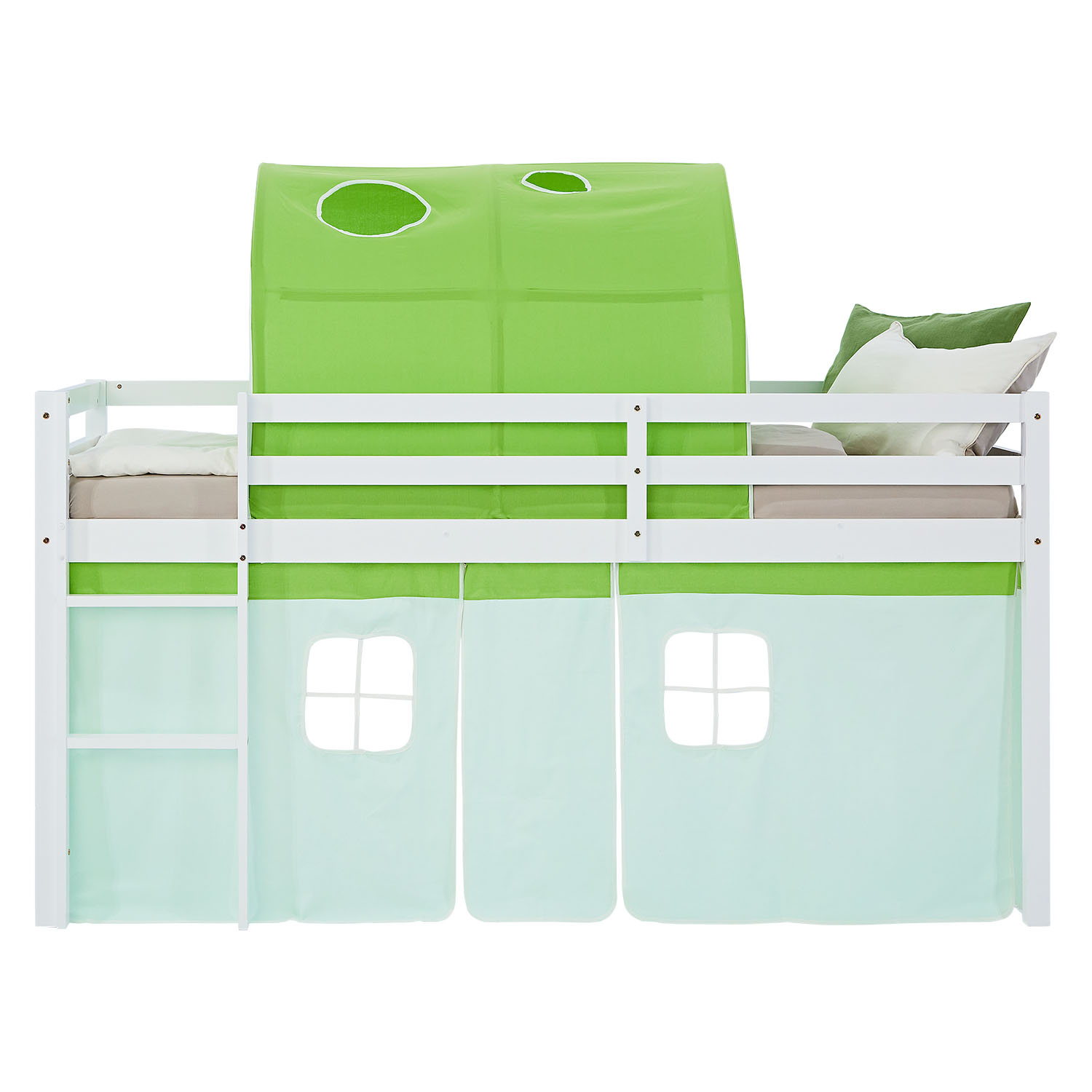 Loft Bed for Kids 90x200 cm White with Curtain in Green | Tunnel | with Slatted Frame and Mattress