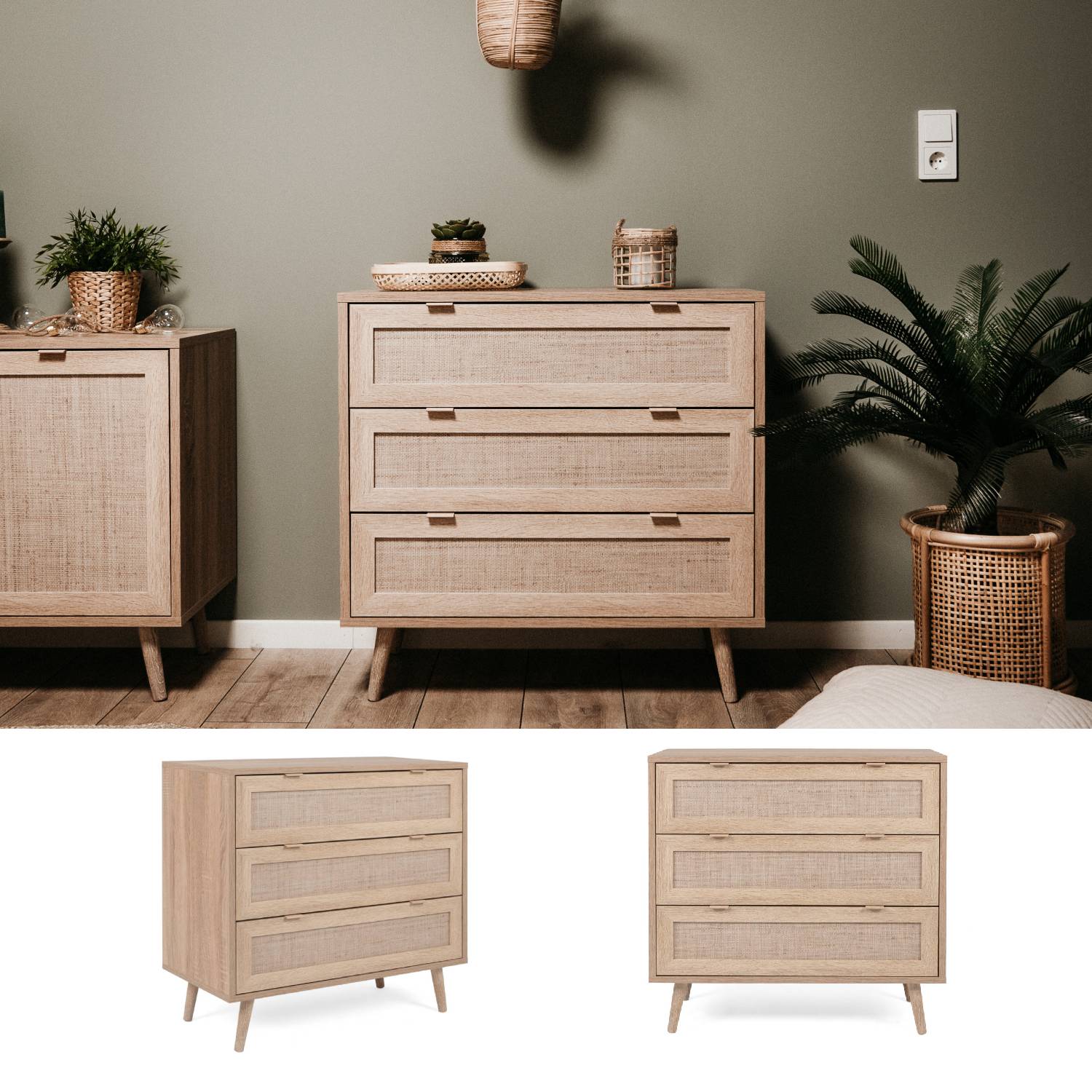 Sideboard Cabinet Wood Brown Rafia Living Room Bed Room Furniture with Drawers
