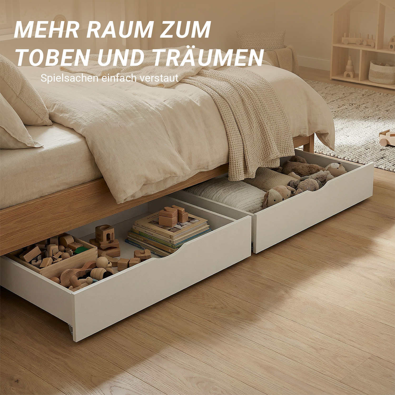 Set of 2 White Underbed Drawers on Wheels – Wooden Storage Solution