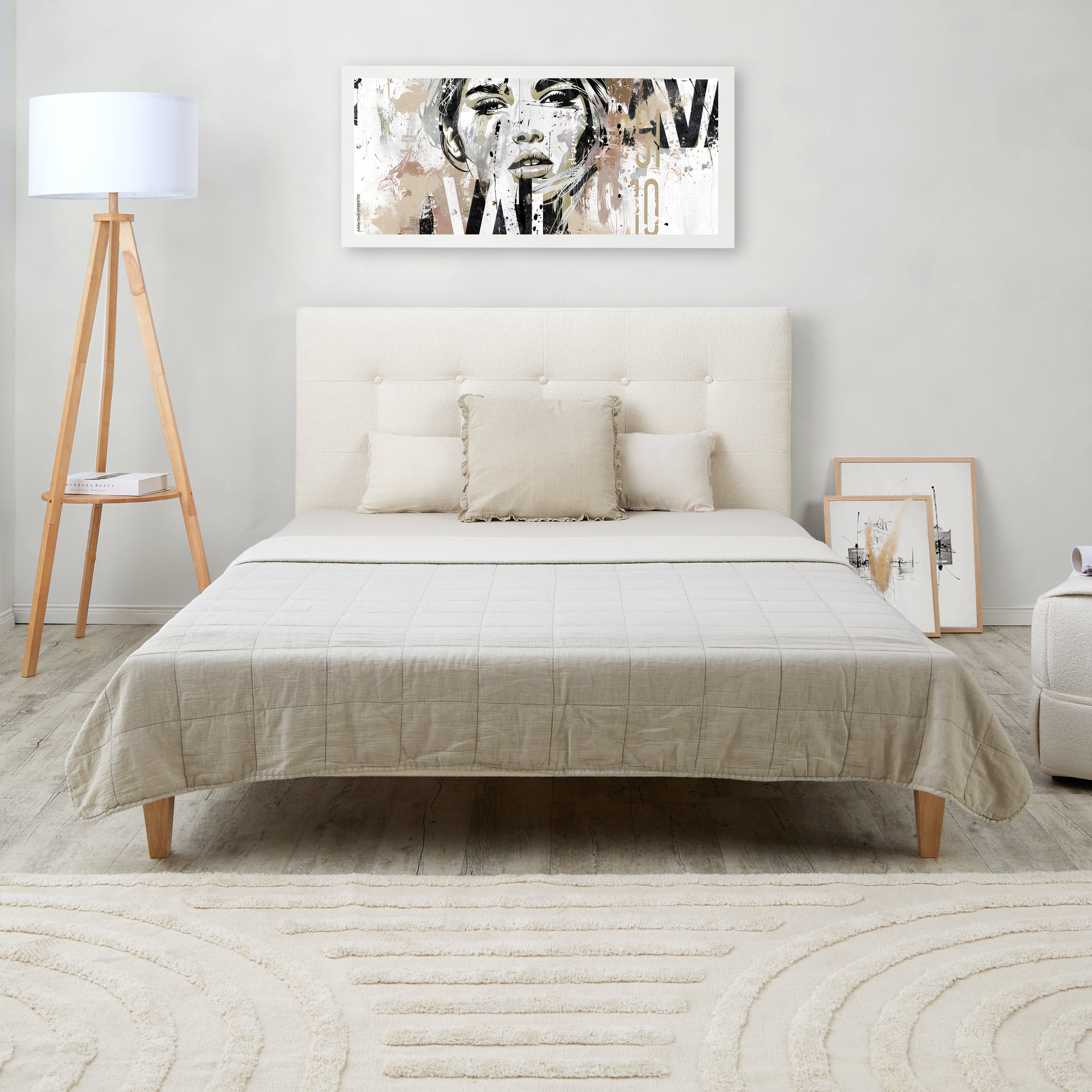 Small Double Bed 140x200 cm with Mattress Bouclé Beige Upholstered Bed with Slatted Frame Fabric Bed Frame