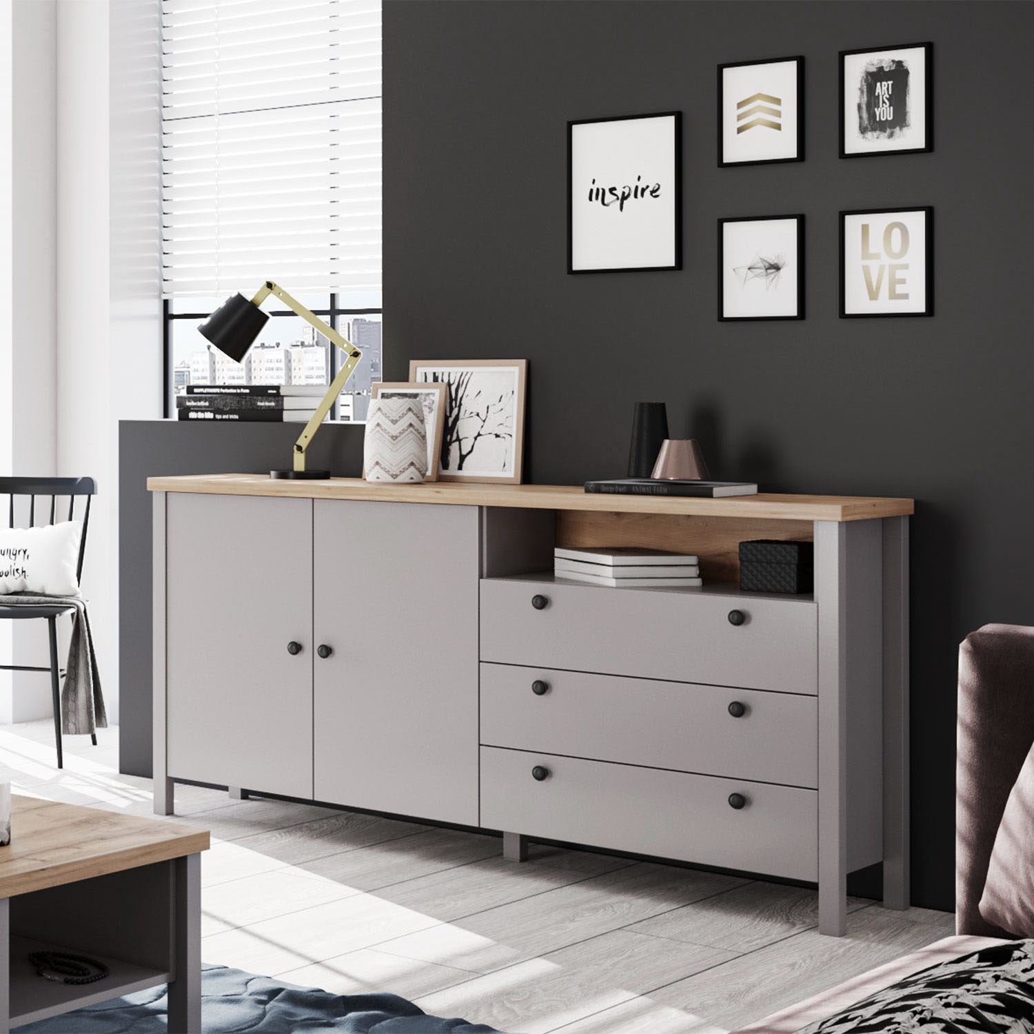 Chest of Drawers Sideboard Grey 166.5 cm Wood Solid Cupboard with 3 Drawers Highboard Living Room Cabinet