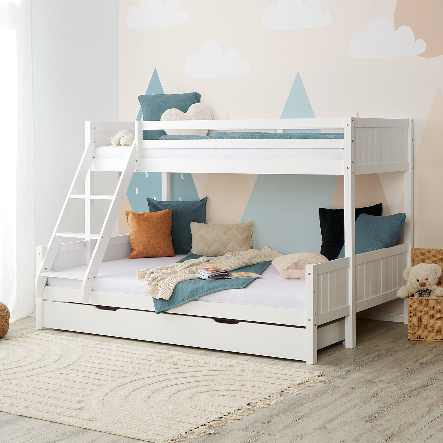 Bunk Bed 2 Sleeping Areas 90x200 cm and 140x200 cm White | with Bed Drawer | with Slatted Frame
