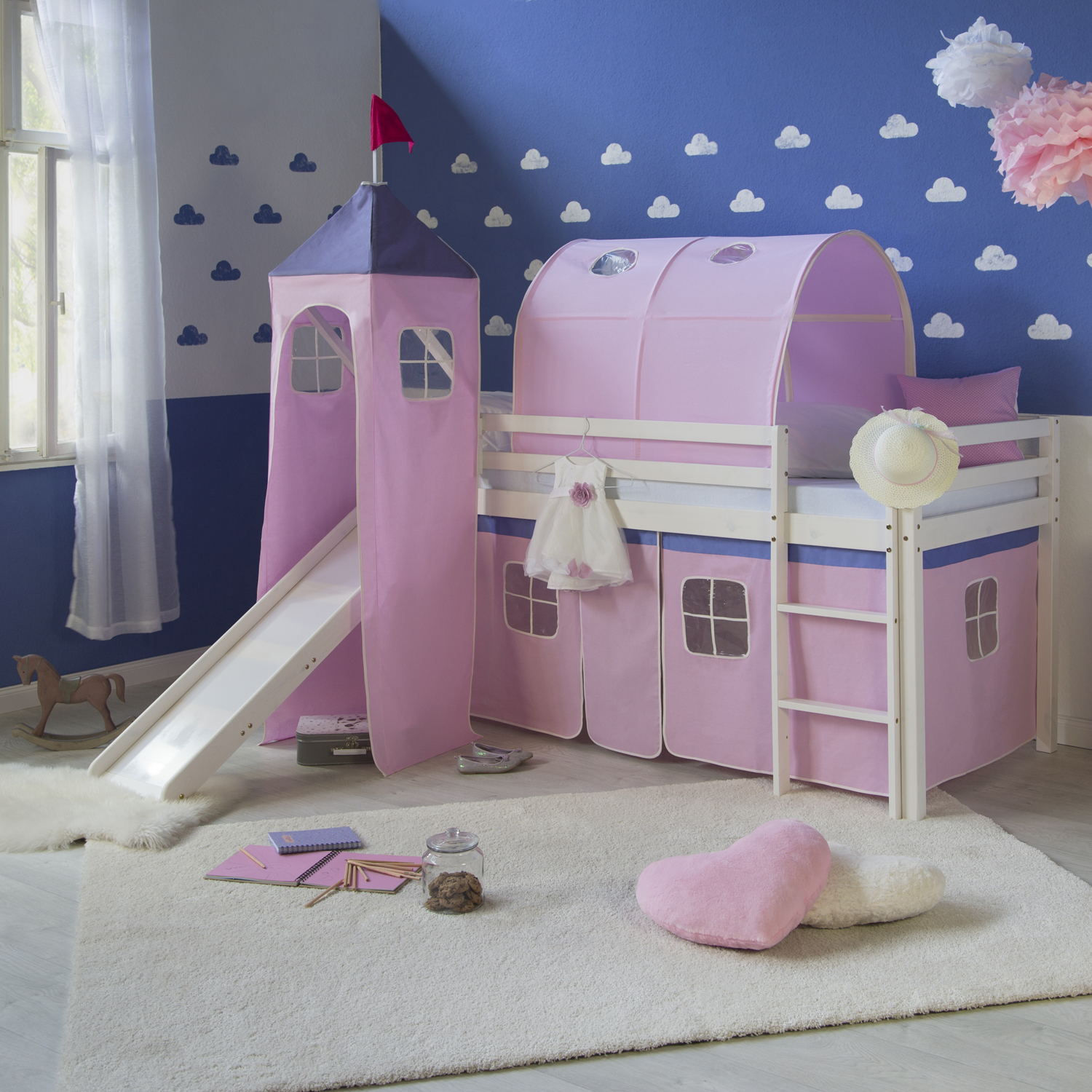 Childrens Bed Tunnel Bed Tent Bunk Bed Cabin Bed accessories rose Loft Bed Kids 90x200 cm White with Curtain Pink | Tunnel | Tower | Slide | without Slatted Frame