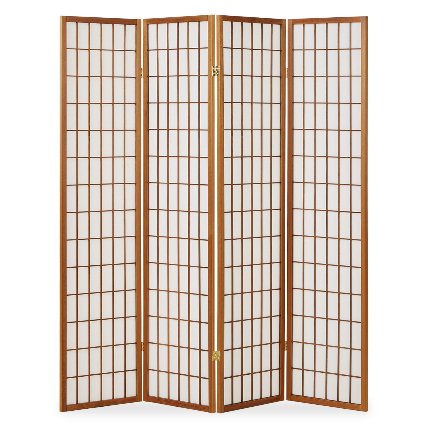 Paravent in Braun und Weiß mit Holzelementen, 4 beweglichen Elementen und Shoji-Design. Der braune Paravent steht vor einer hellen strukturierten Wand. Ein Sessel mit heller Decke, eine hohe Vase mit Gräsern und geflochtene Bodendekoration ergänzen die Sz