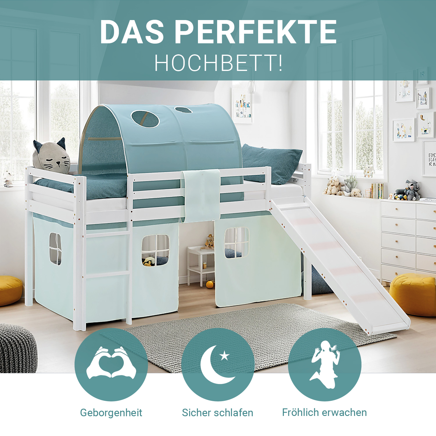 Loft Bed for Kids 90x200 cm White with Curtain & Tunnel in Mint Green | Slide | with Slatted Frame and Mattress