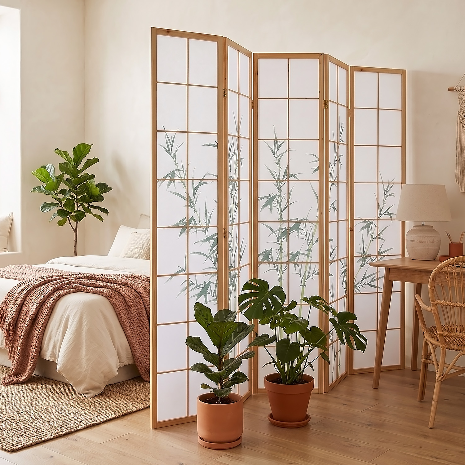 5-panel "Nature" folding screen with bamboo motif – Japanese room divider & privacy screen