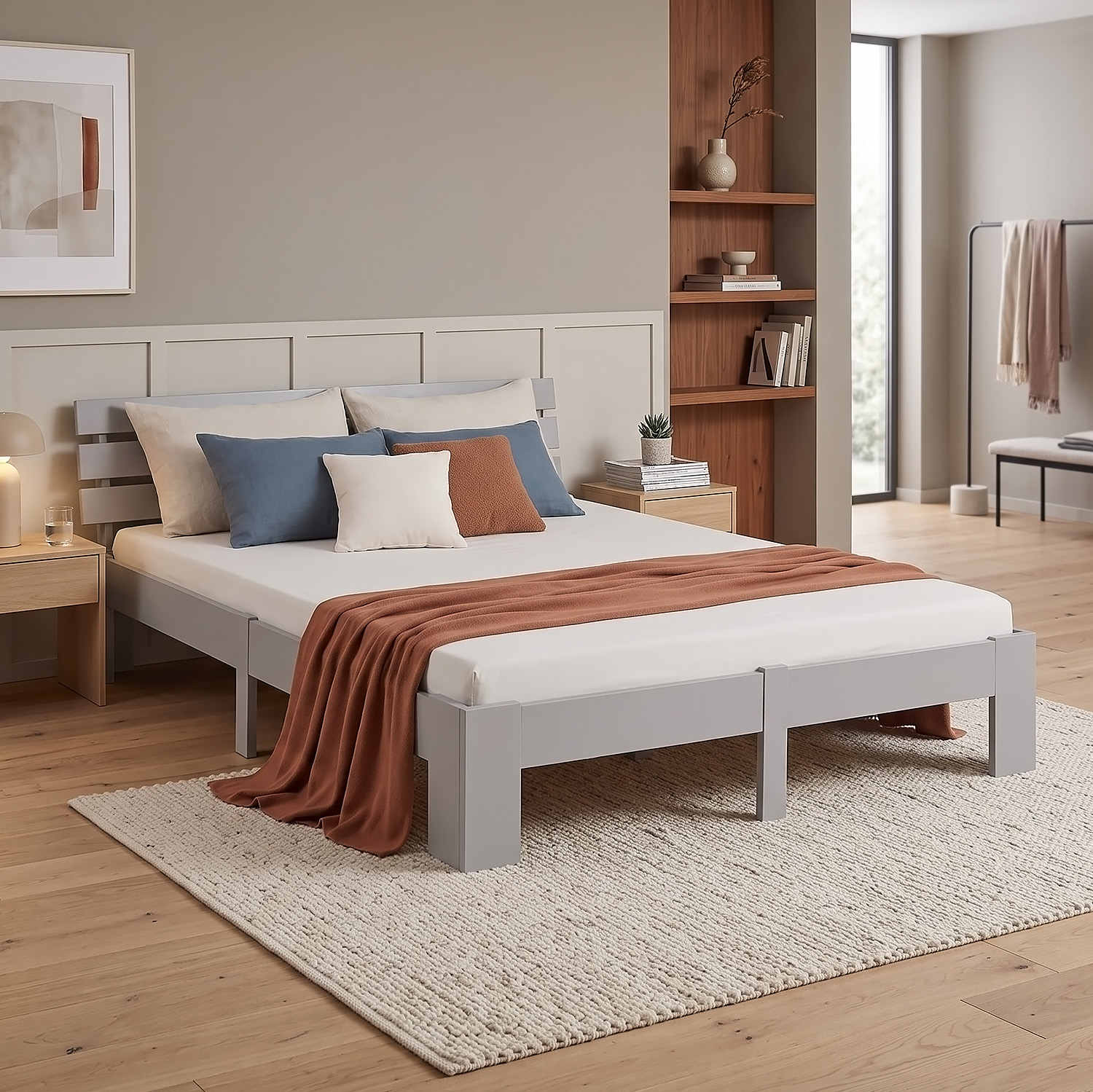 Solid Pine Wood Bed, 180x200 cm – Double Bed with Slatted Base