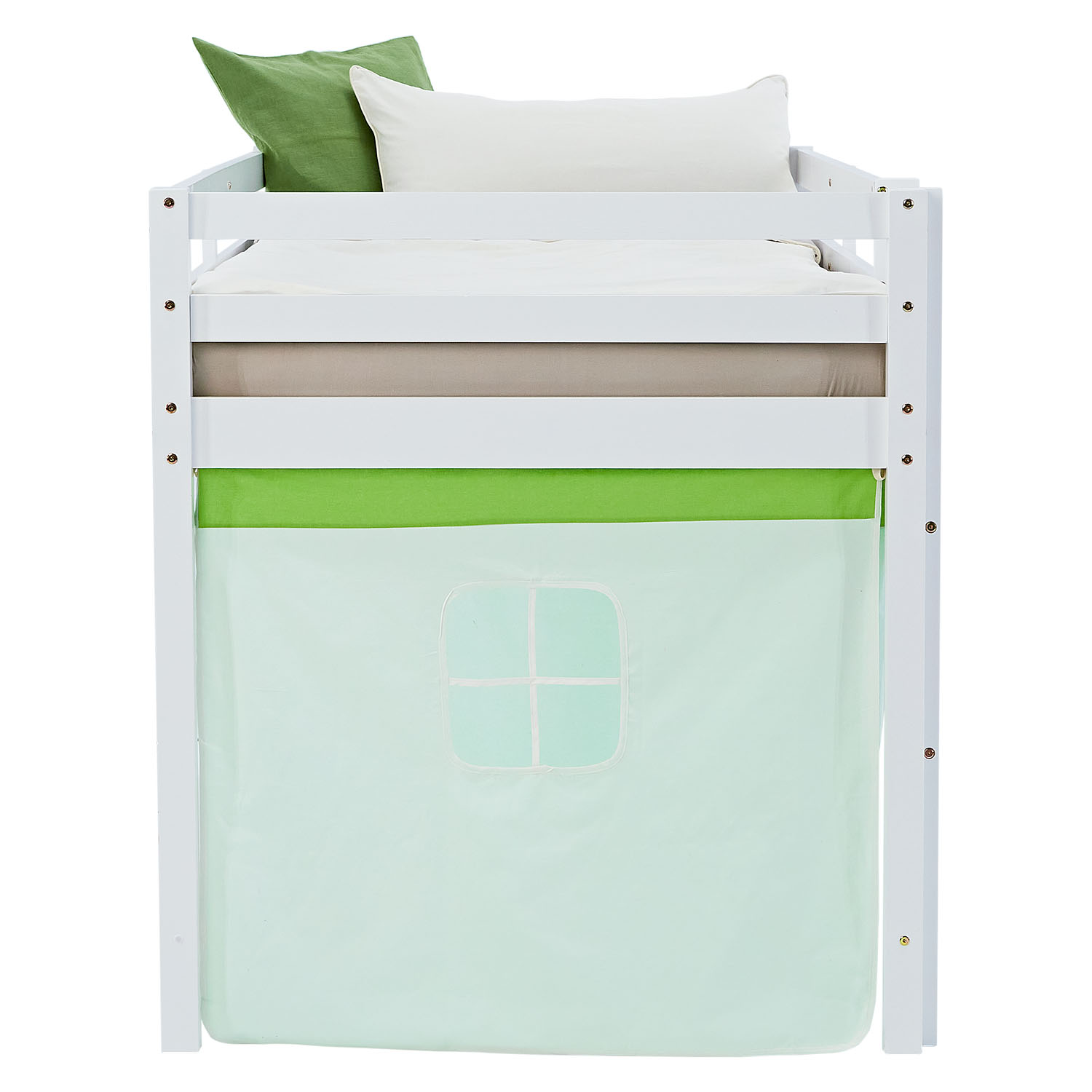 Children's loft bed, 90x200 cm, white with green curtain | without slatted frame