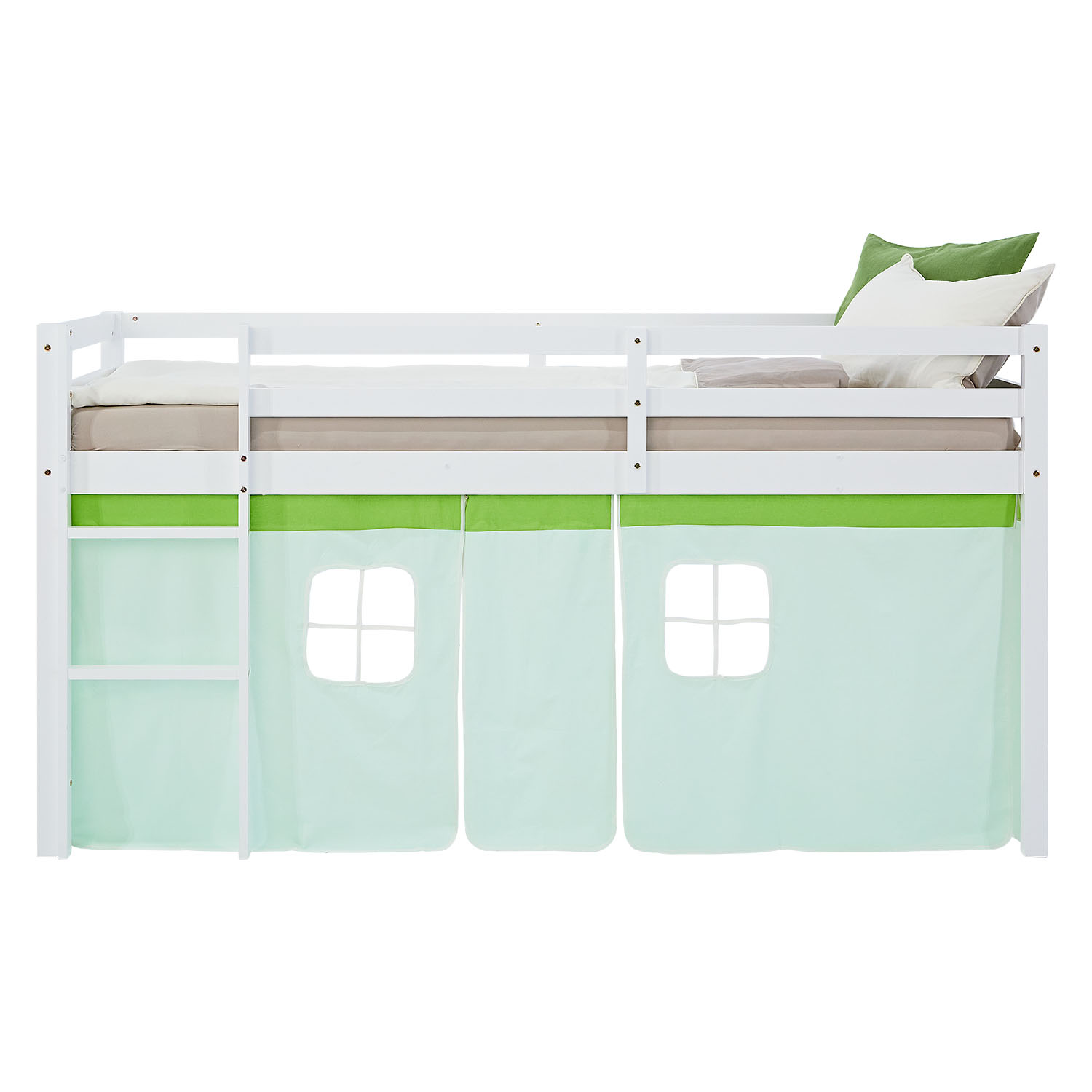 Loft Bed for Kids 90x200 cm White with Curtain in Green | with Slatted Frame and Mattress