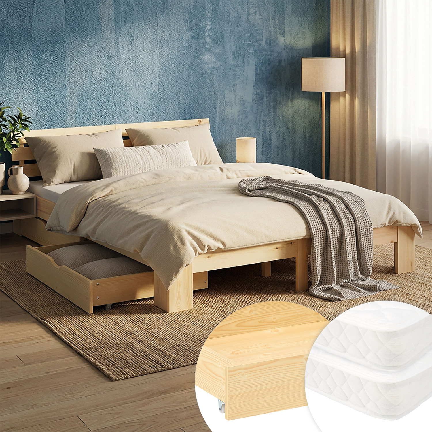 Wood Bed 180x200 cm Natural | Double Bed | with 2 Spring Mattress | 2 Drawers | Youth Guest Bedroom