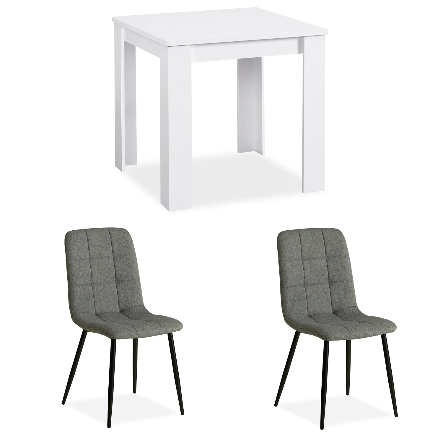 White 80x80 cm dining set + 2 gray upholstered chairs without armrests – Modern & space-saving