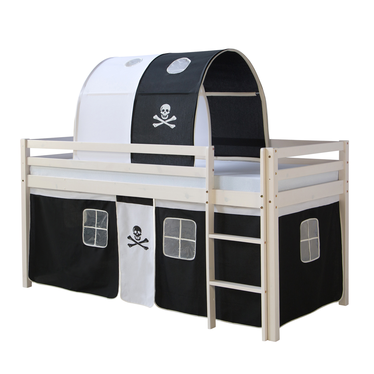 Loftbed 90x200 cm Bunk bed Childrens bed Solid Pine Wood Tower Tunnel Curtain Black Pirate Slide Mattress Slats