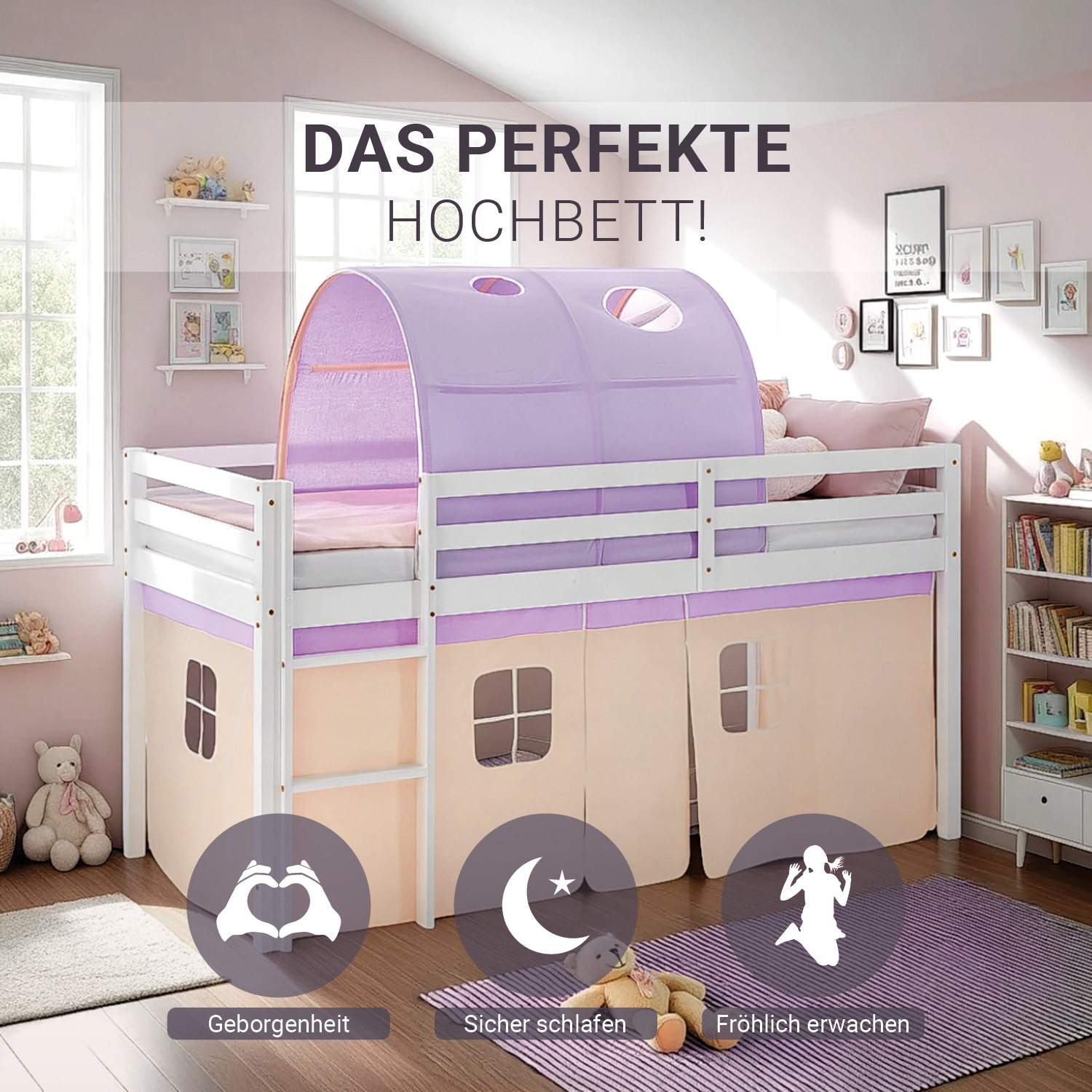 Children's Loft Bed 90x200 cm, White with Purple-Beige Curtain | Tunnel | Includes Slatted Base and Mattress