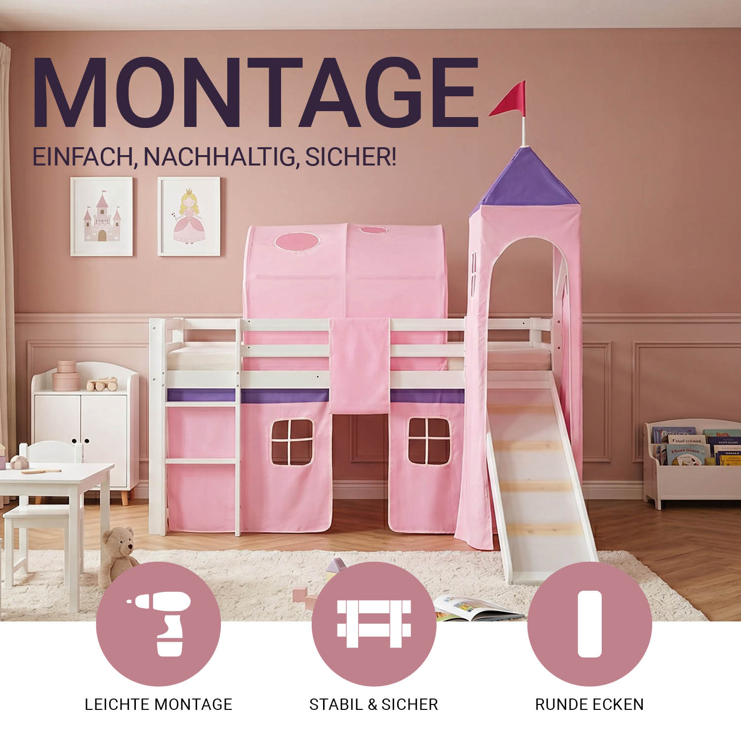 Children's Loft Bed 90x200 cm White with Pink Curtain | Slide | Tower | | Tunnel | with Slatted Base | with Mattress