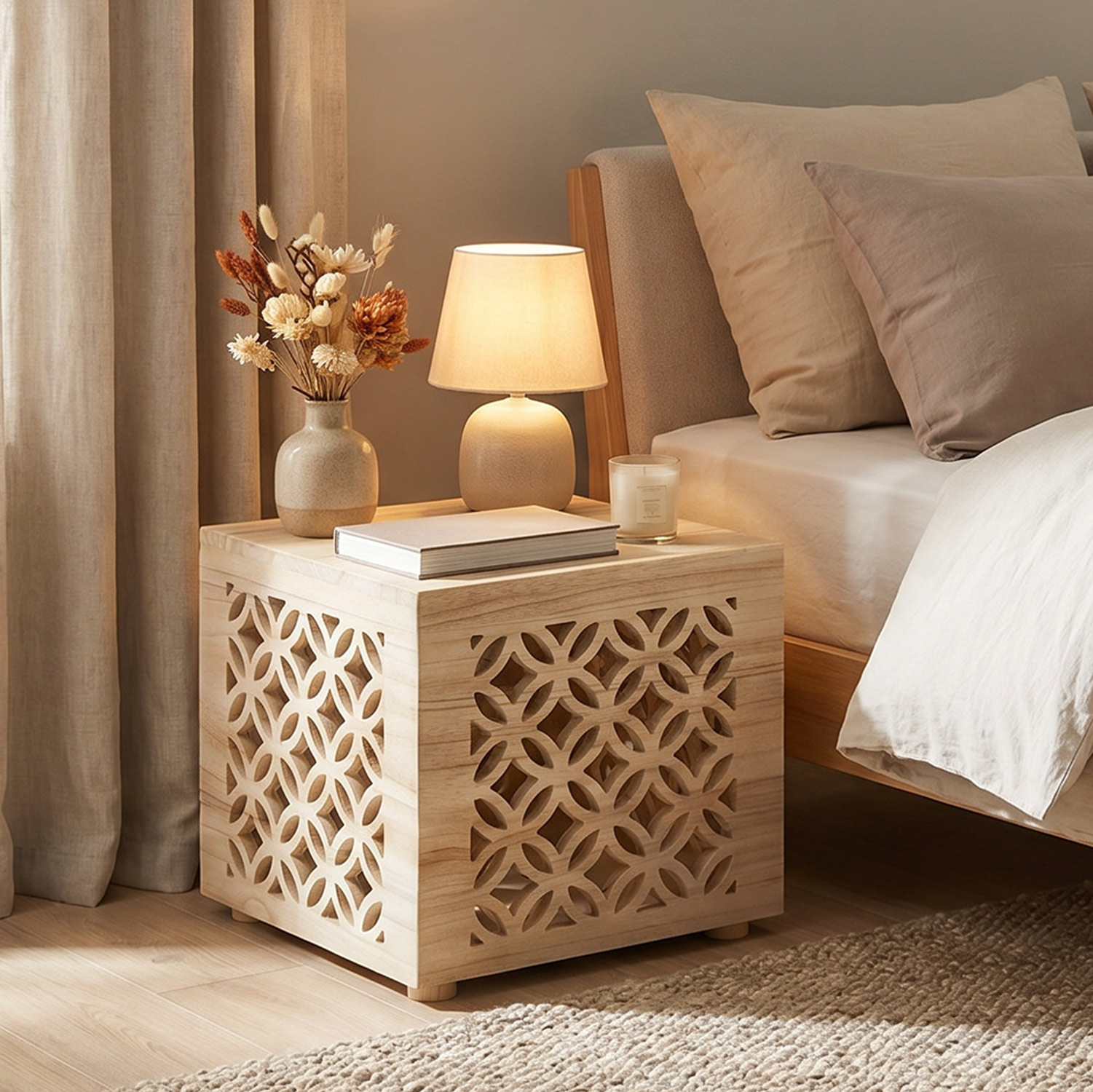 Side table wood cube bedside light