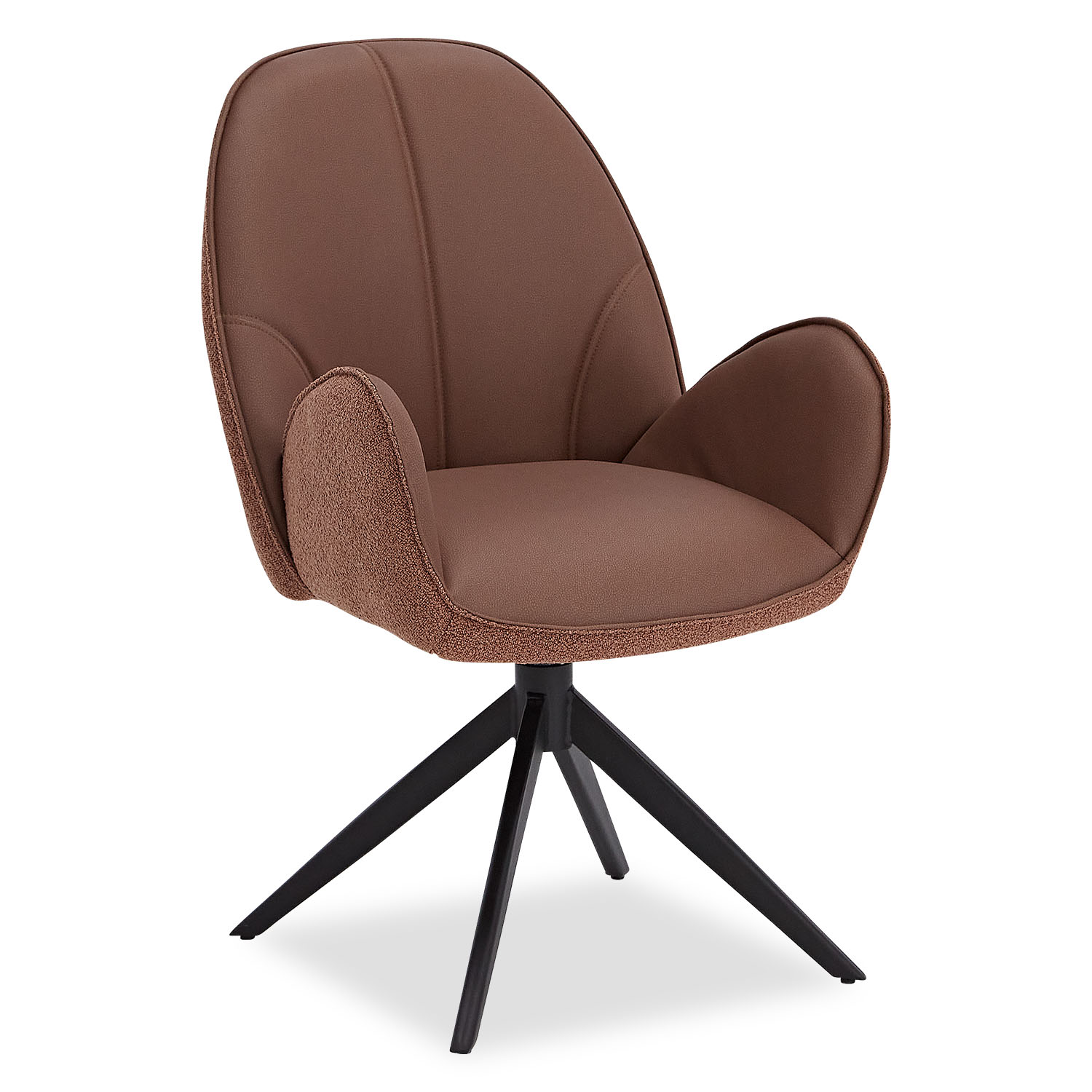 Modern brown swivel armchair with padded seat and textured fabric upholstery and black metal base for dining room office or living space