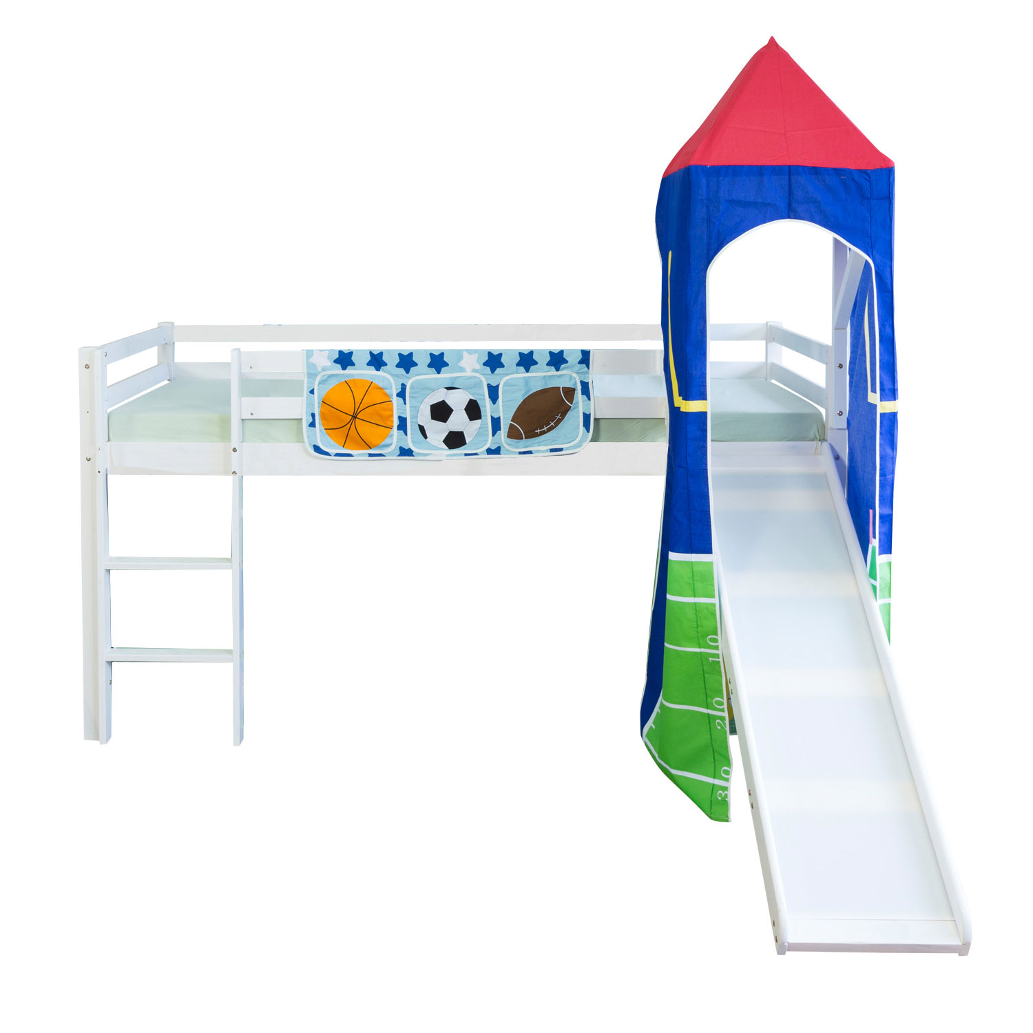 Hochbett Spielbett 90x200 cm mit Leiter Rutsche Turm Bettgestell Holz Massiv Blau Grün