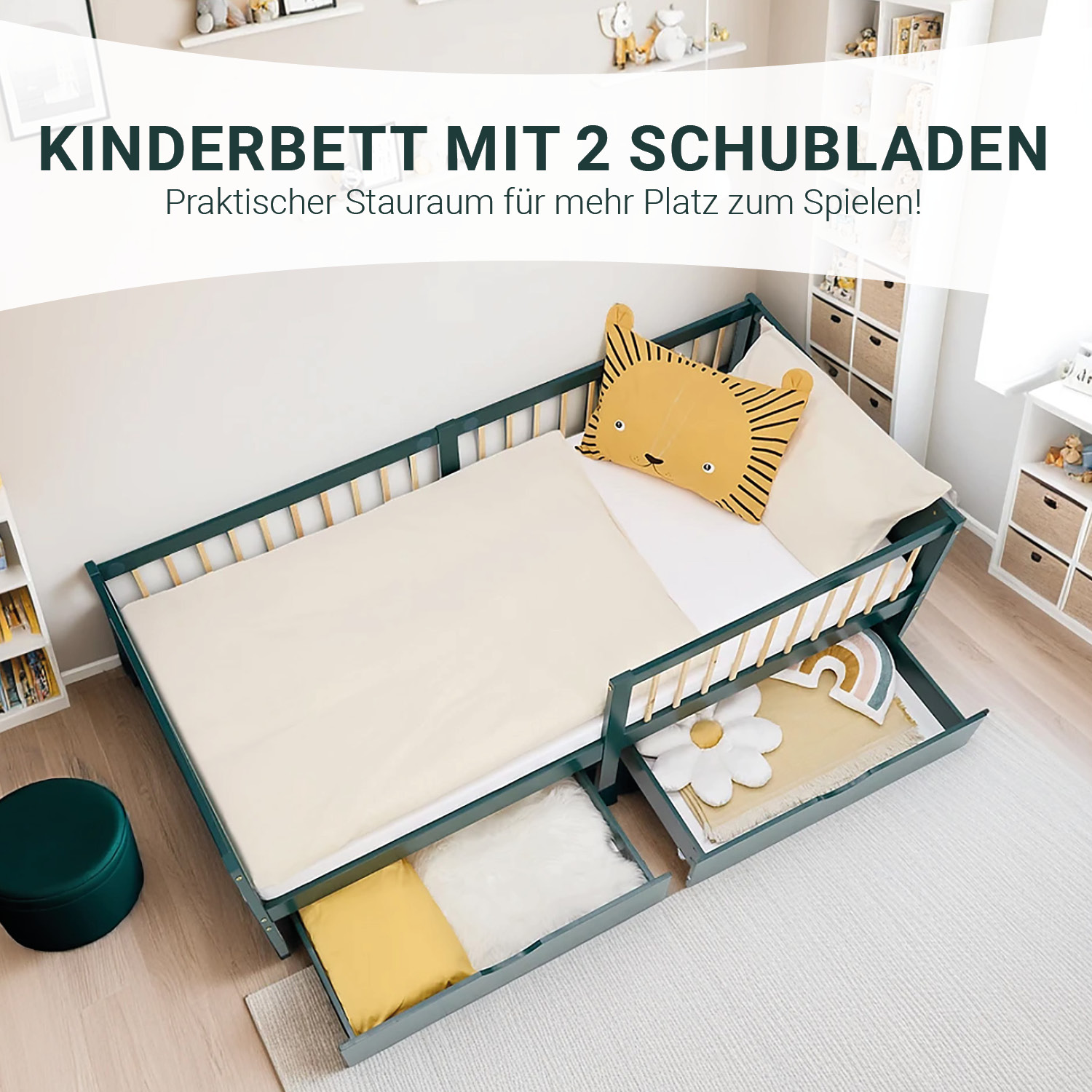 Children's bed 90x200 cm 2 bed drawers Fall-out protection White Green Wooden bed Single bed Crib Wooden bed frame Mattress