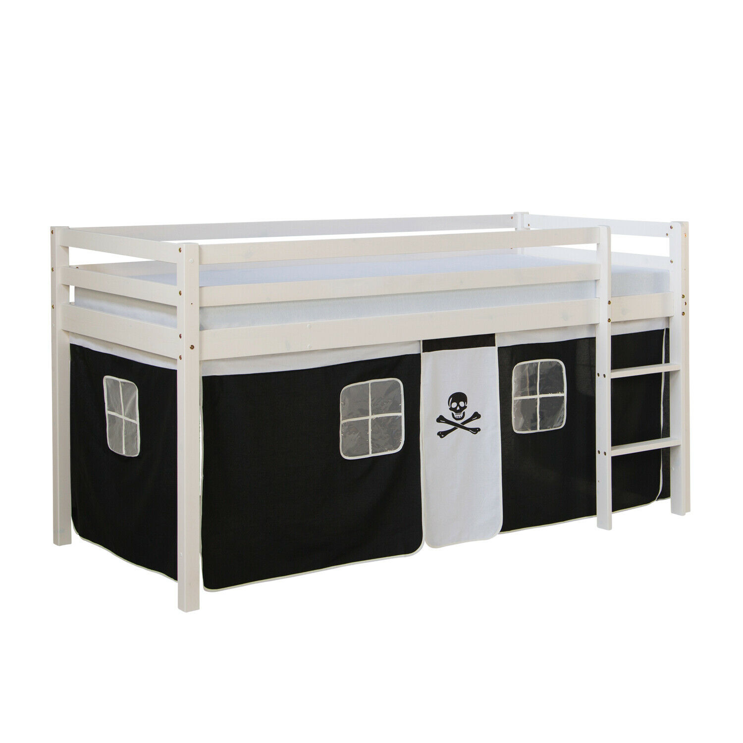Loft Bed Kids 90x200 cm White with Curtain Black | without Slatted Frame Loft Bed Kids 90x200 cm White with Curtain Black | without Slatted Frame