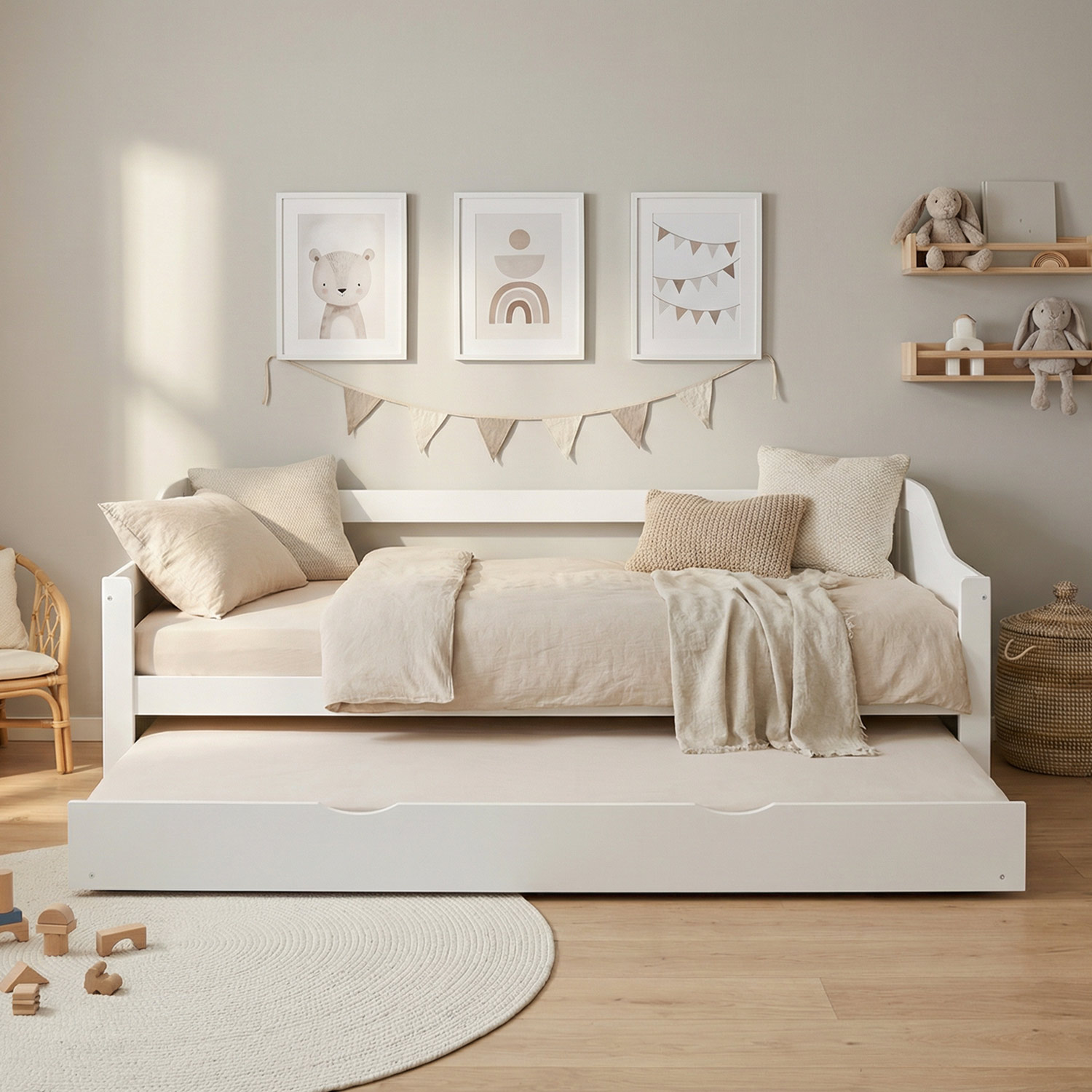 Wooden Bed 90x200 cm White | Pull-out | Bunk Bed | With Mattress | Pull-out Bed, Duo Bed, Functional Bed