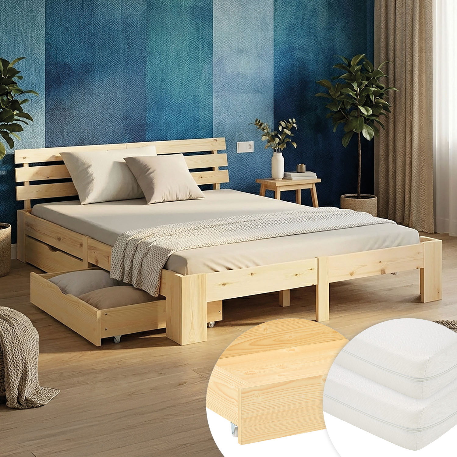 Wood Bed 160x200 cm Natural | Double Bed with Storage 2 Drawers | with Mattress | Solid | Youth Guest Bedroom